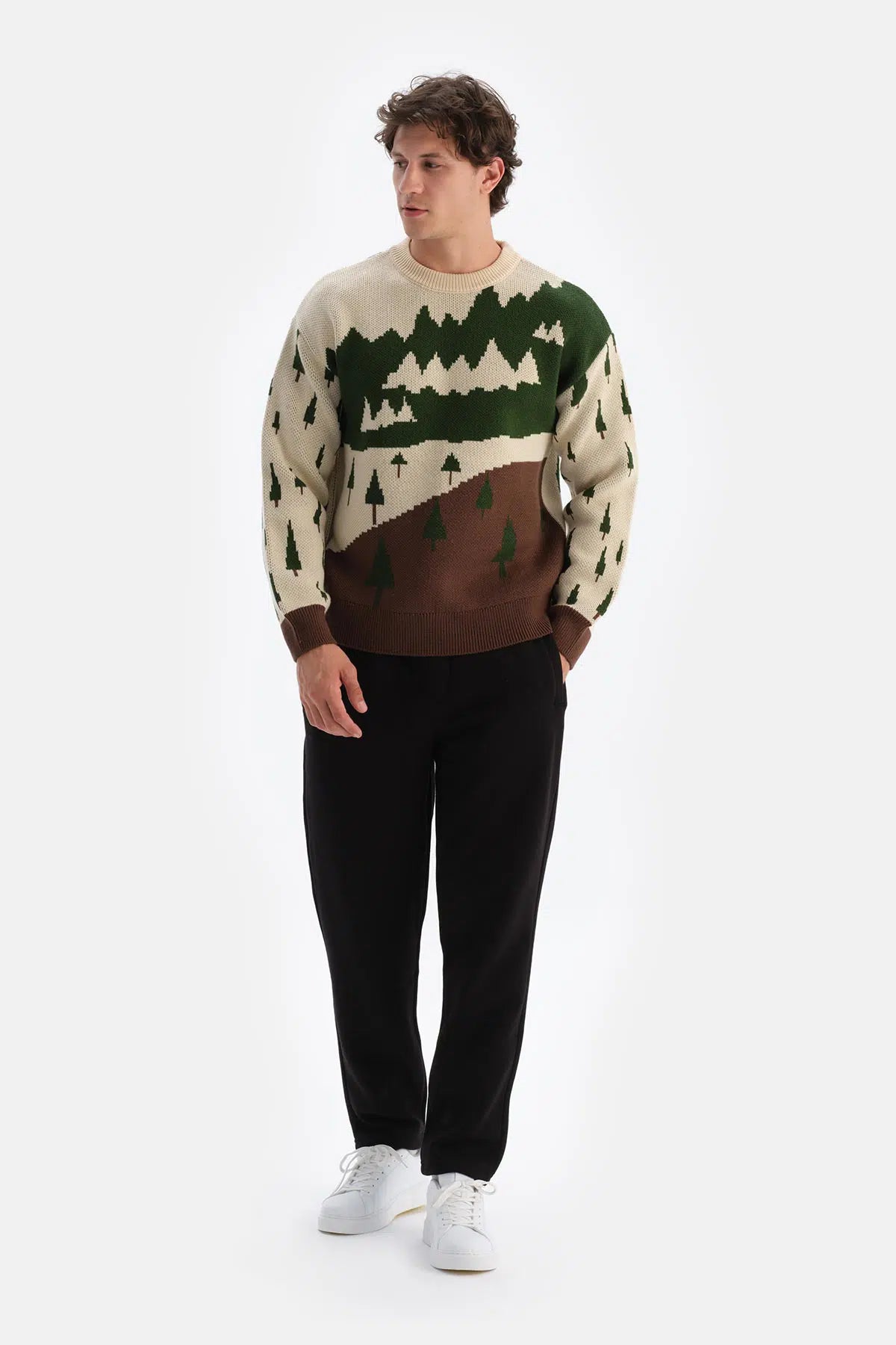 Krem Erkek Ağaç Desenli Yılbaşı Triko Kazak