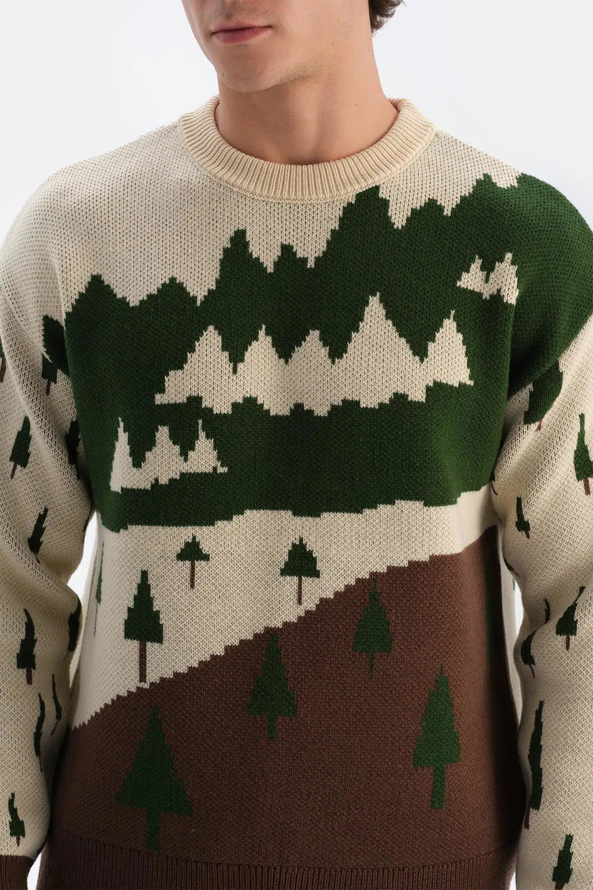 Krem Erkek Ağaç Desenli Yılbaşı Triko Kazak