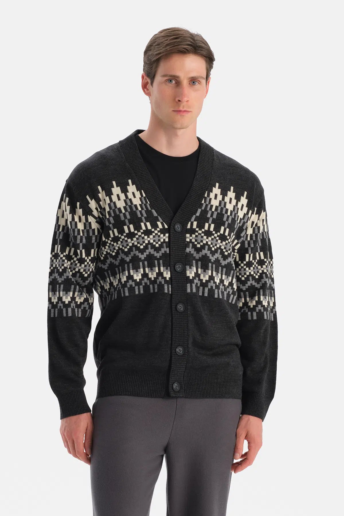 Antrasıt Erkek Yılbaşı Desenli Triko Hırka