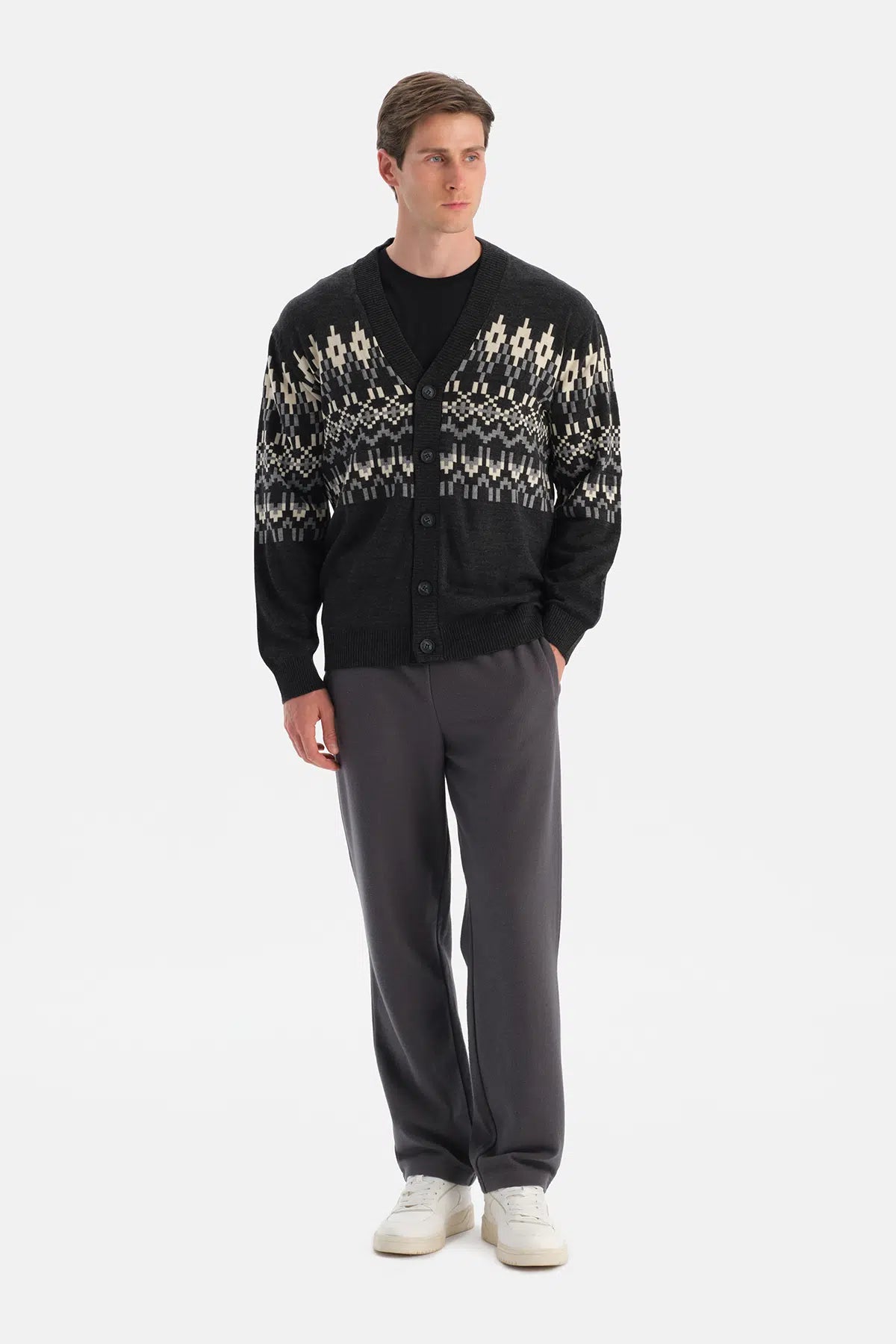 Antrasıt Erkek Yılbaşı Desenli Triko Hırka