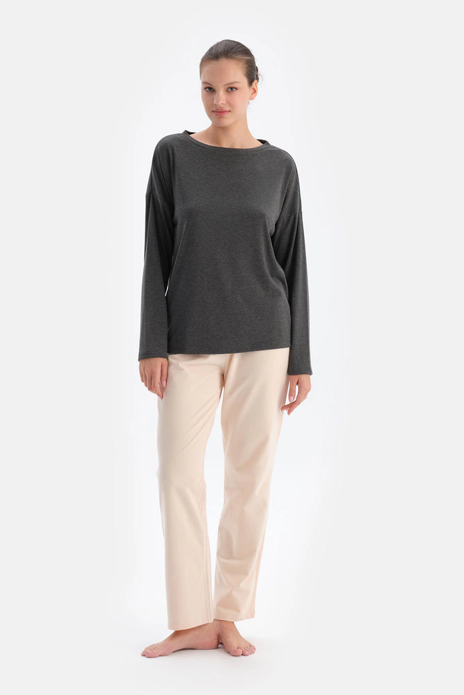 Antrasıt Kadın Bisiklet Yaka Pijama Üstü