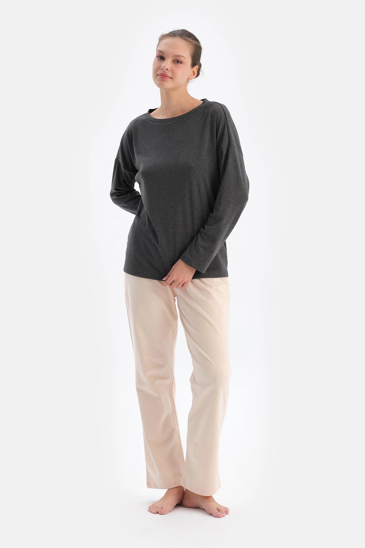 Antrasıt Kadın Bisiklet Yaka Pijama Üstü