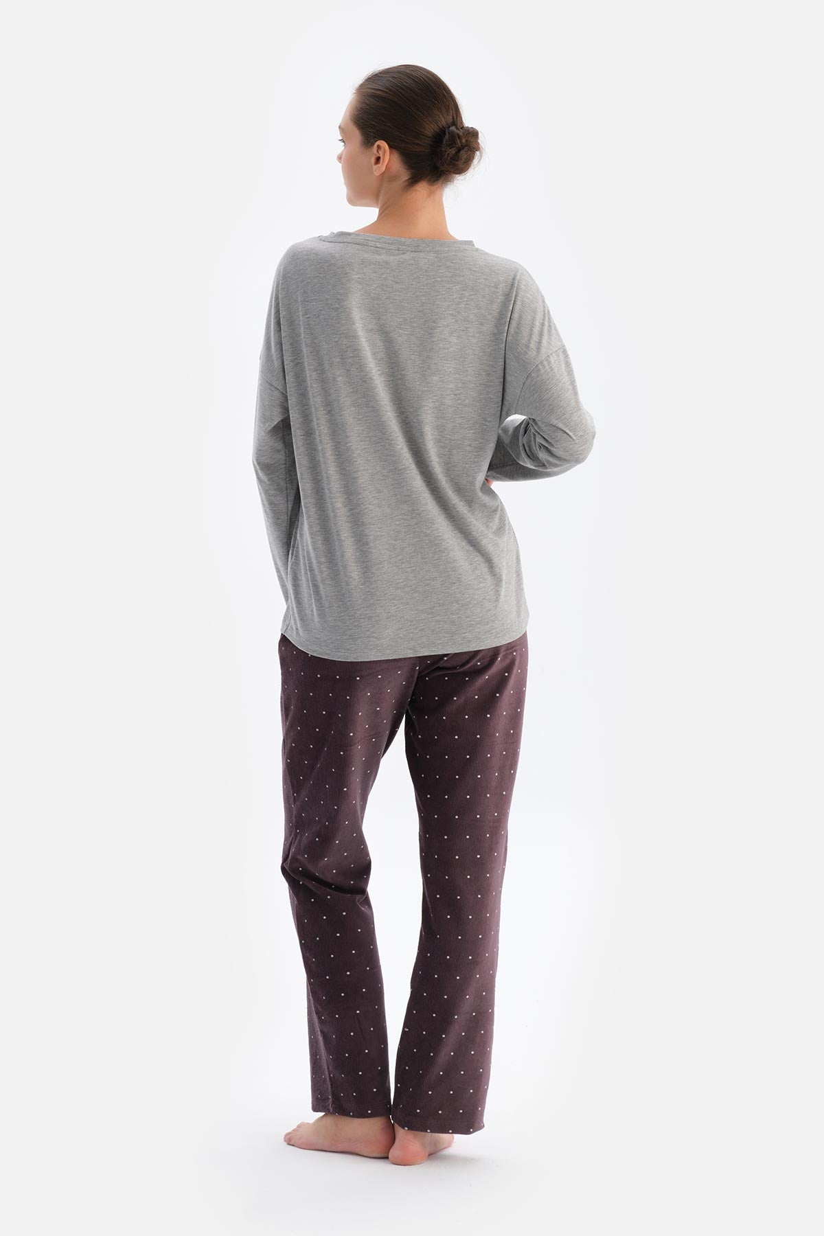 Gri Melanj Kadın Bisiklet Yaka Pijama Üstü