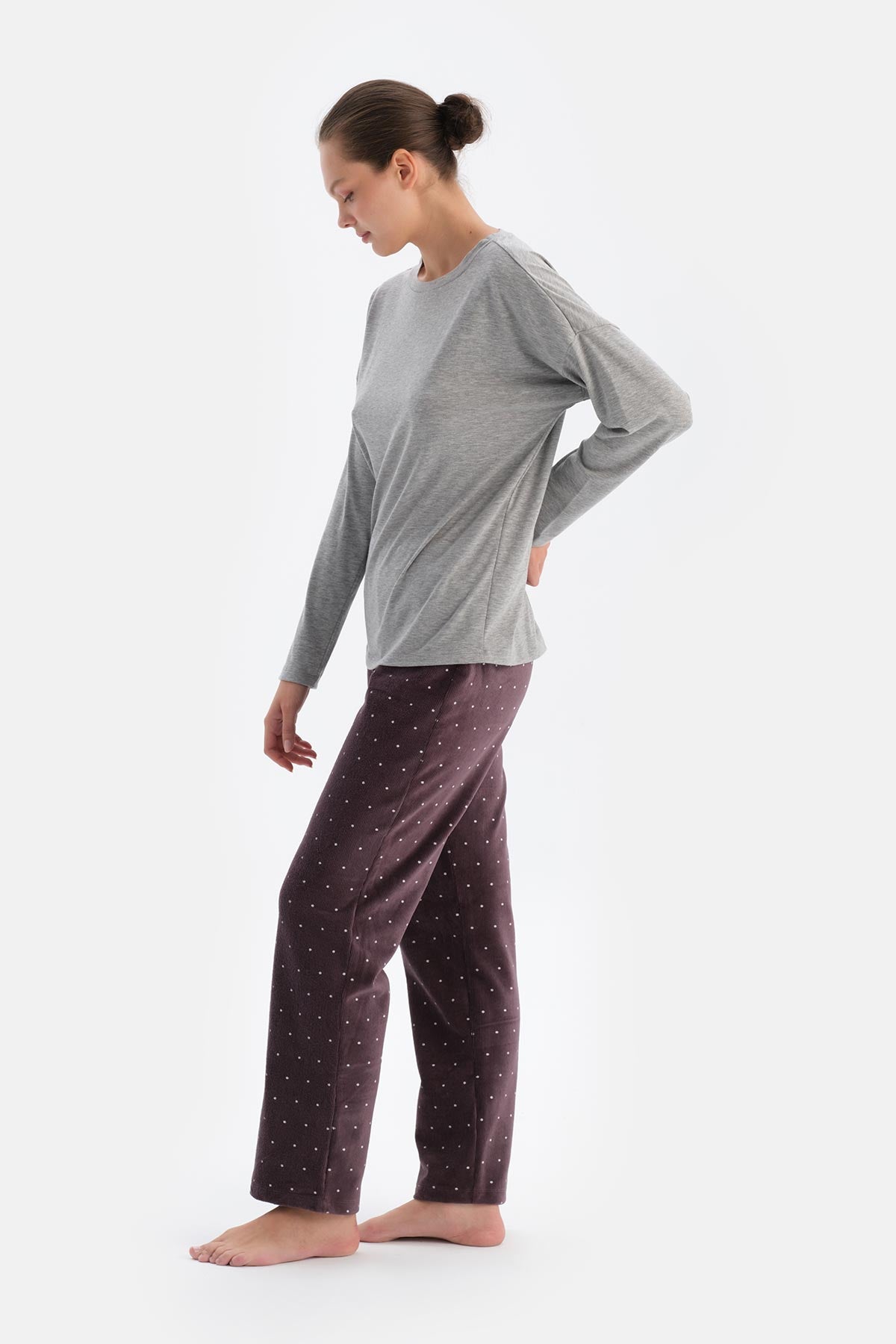 Gri Melanj Kadın Bisiklet Yaka Pijama Üstü