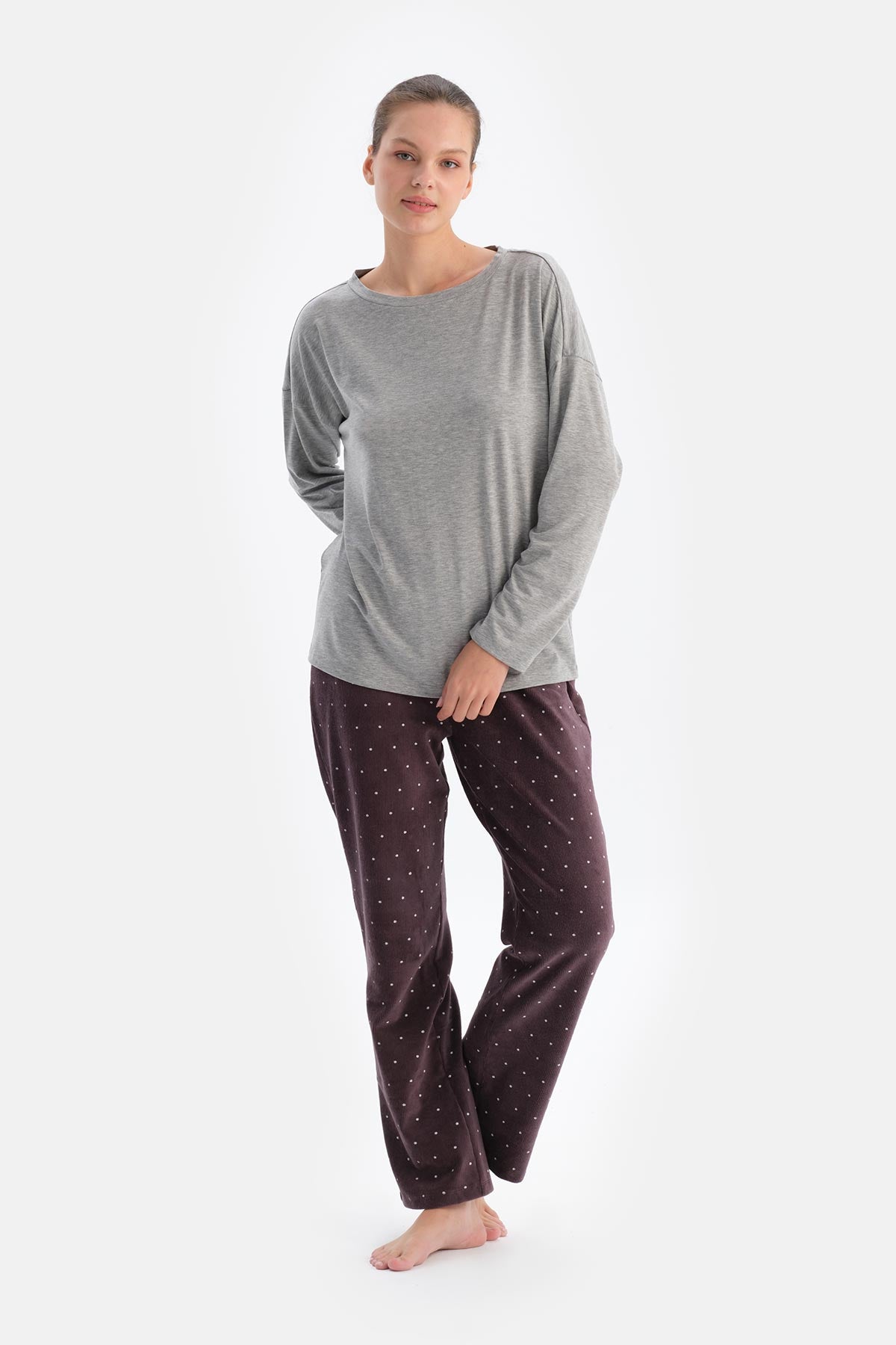 Gri Melanj Kadın Bisiklet Yaka Pijama Üstü