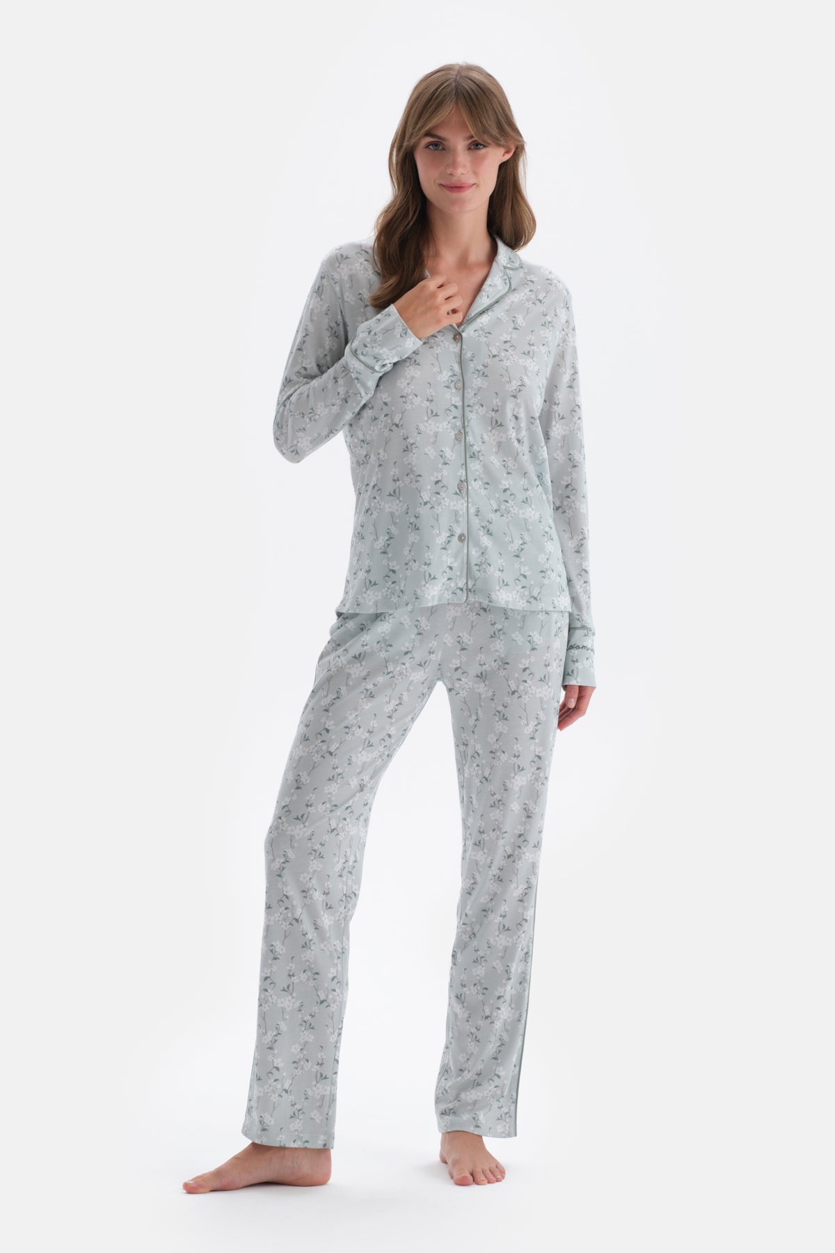 Turkuaz Gömlek Yaka Çiçek Desenli Örme Pijama Takımı