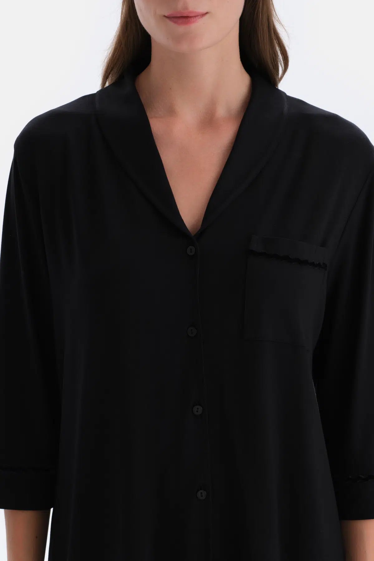 Siyah Kadife Şerit Detaylı Gömlek Pantolon Pijama Takımı