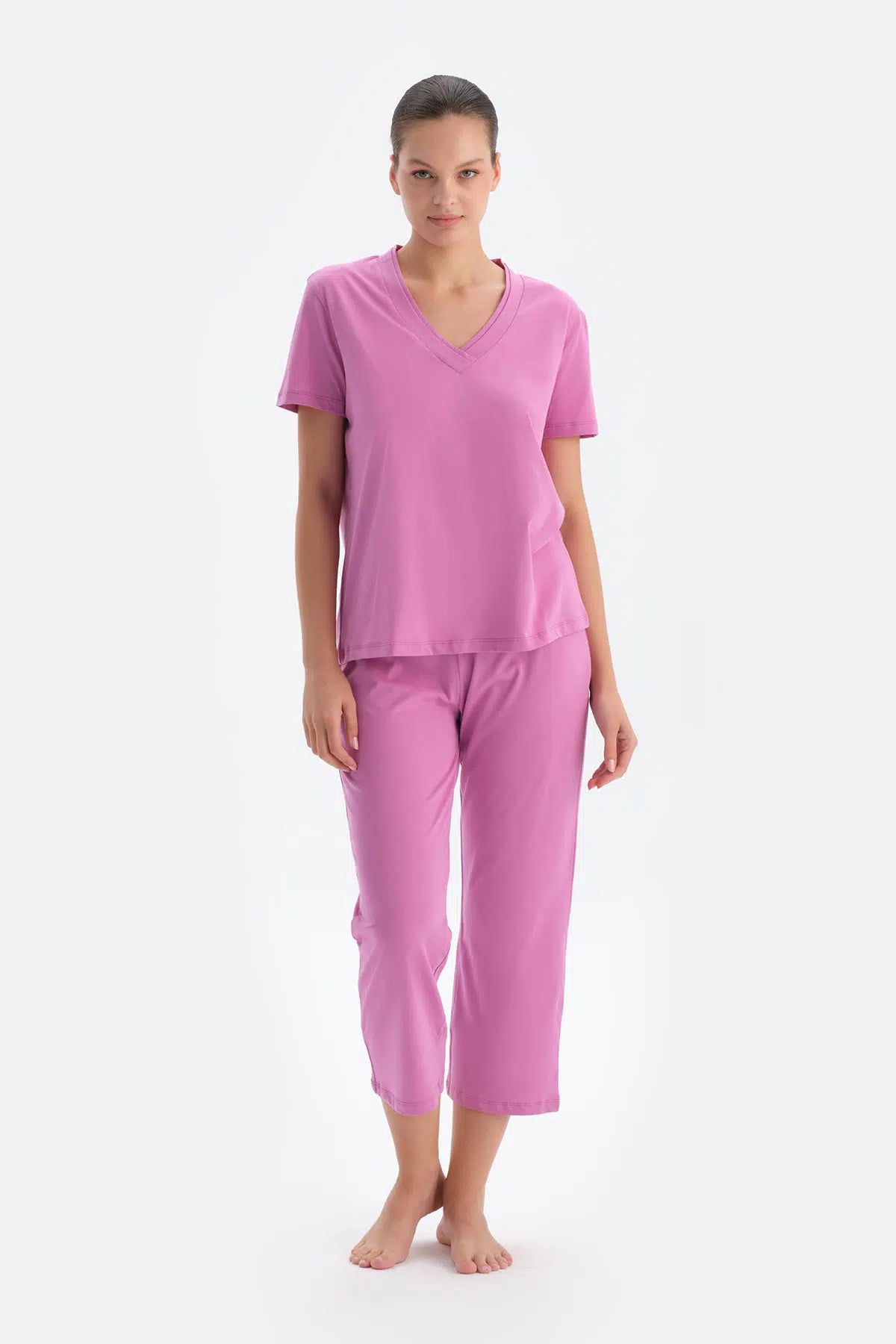 Fuşya Kadın V Yaka Pijama Takımı