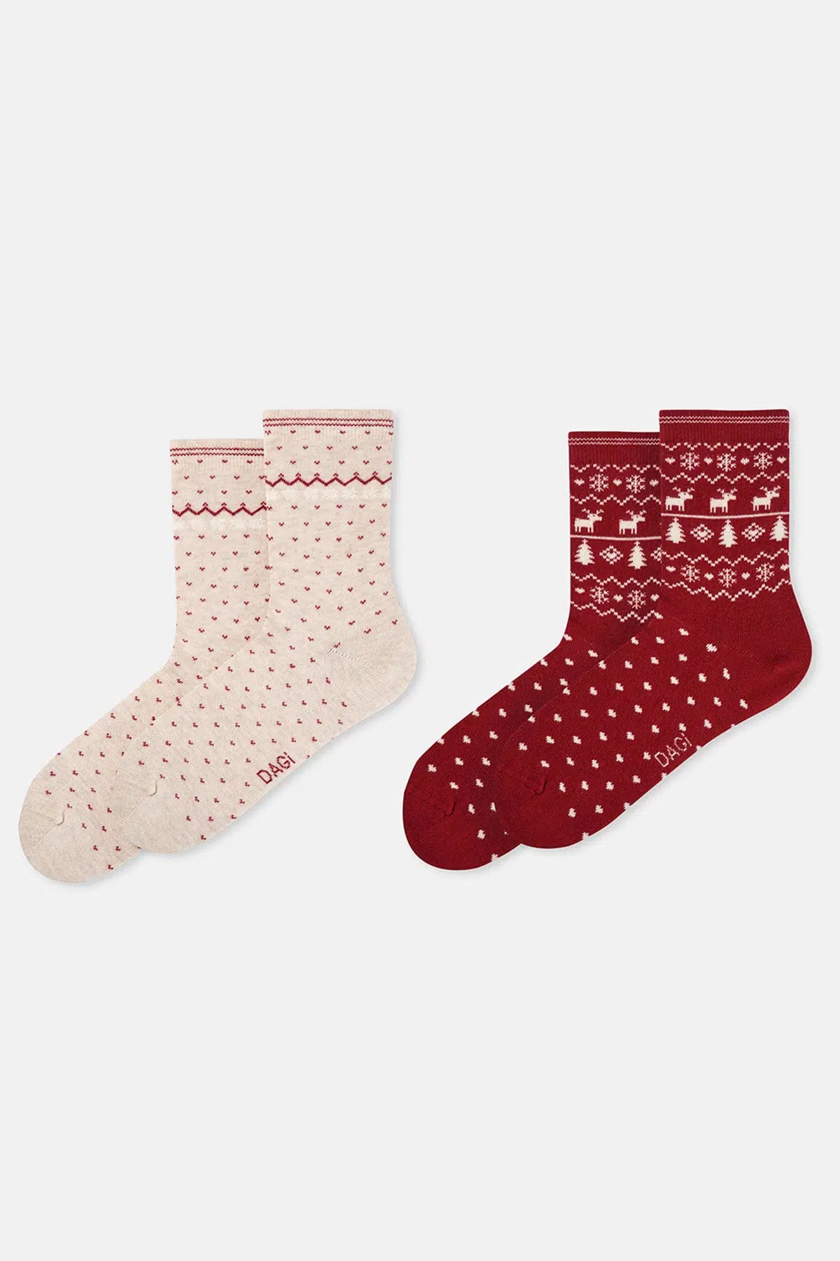 Bej-Kırmızı Kadın 2'li Yılbaşı Desenli Çorap