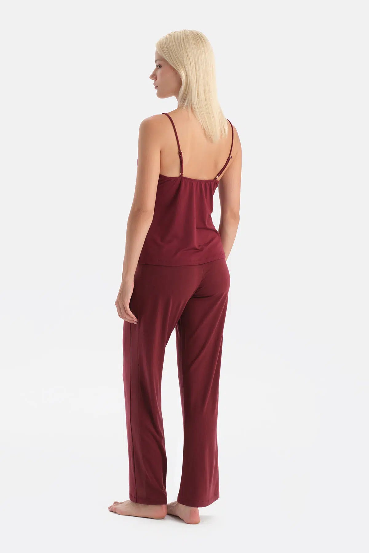 Bordo Yanı Tül Detaylı Basic Pantolon