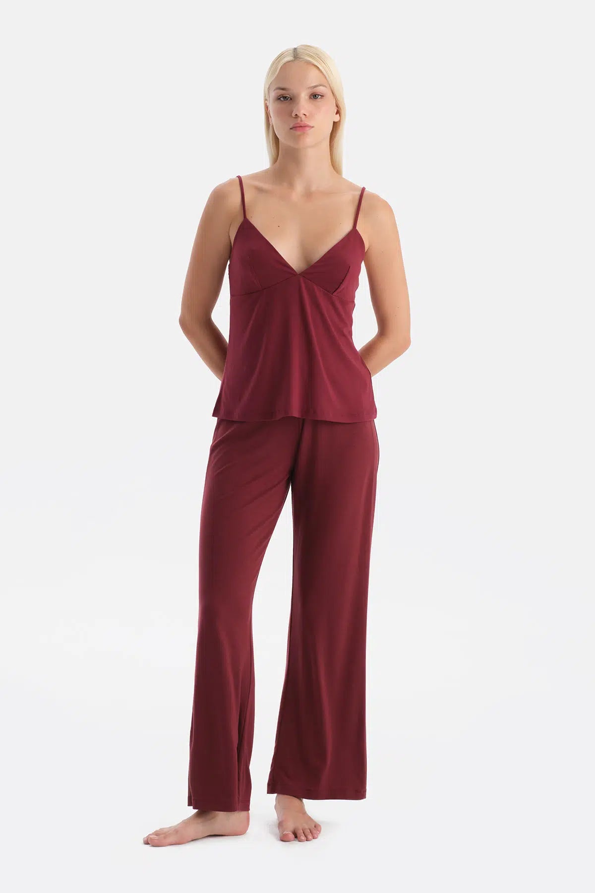 Bordo Yanı Tül Detaylı Basic Pantolon