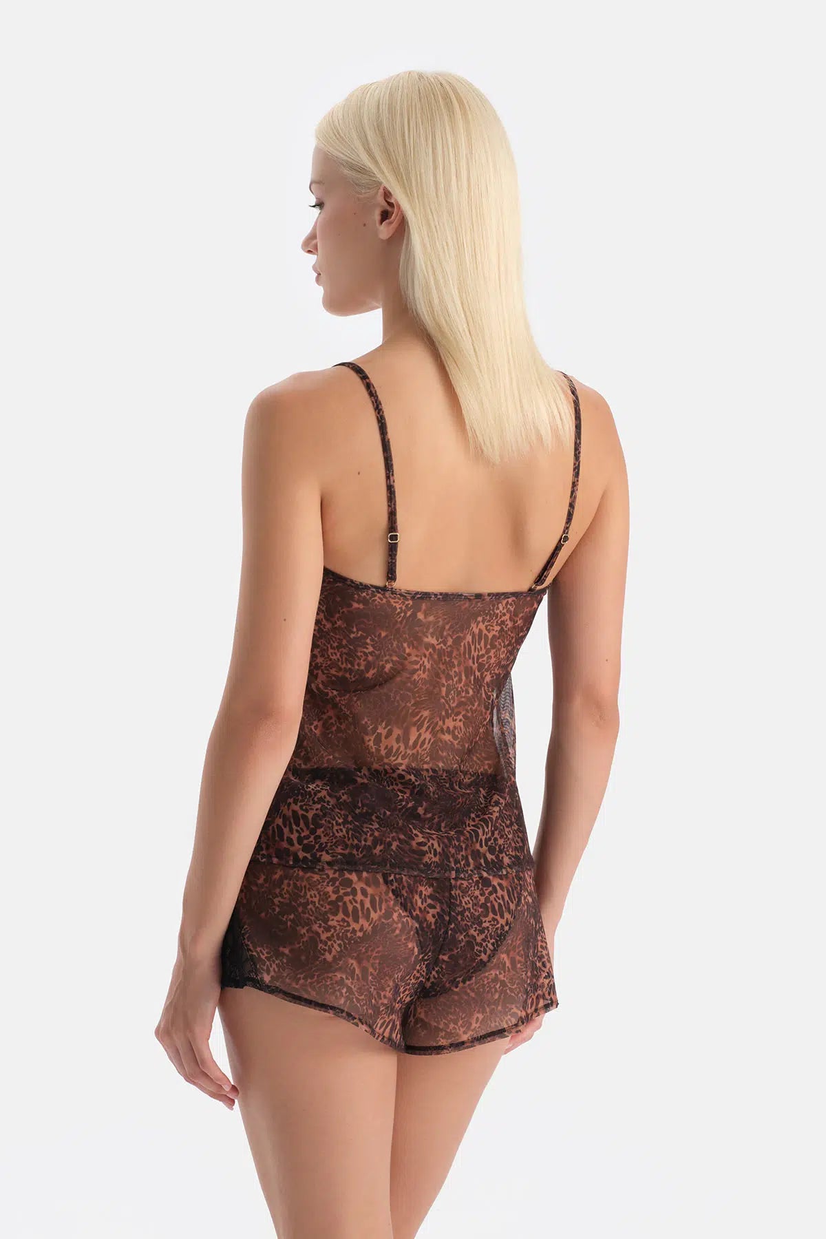 Kahverengi Dantel Detaylı Tül Camisole Takım