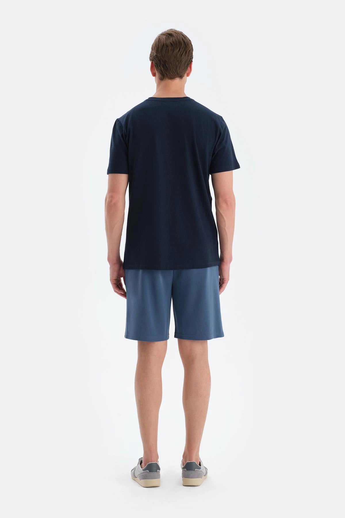 Lacivert Bisiklet Yaka Örme Keten Karışımlı Tişört