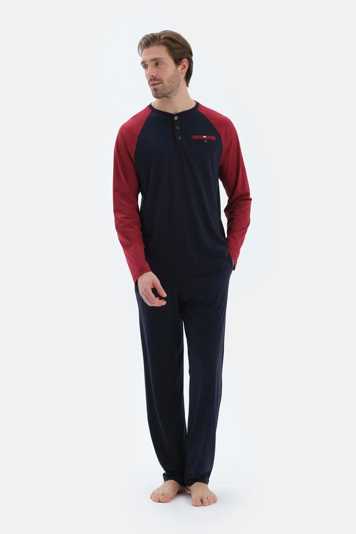 Lacivert Reglan Kol Garnili Pamuk Modal Pijama Takımı