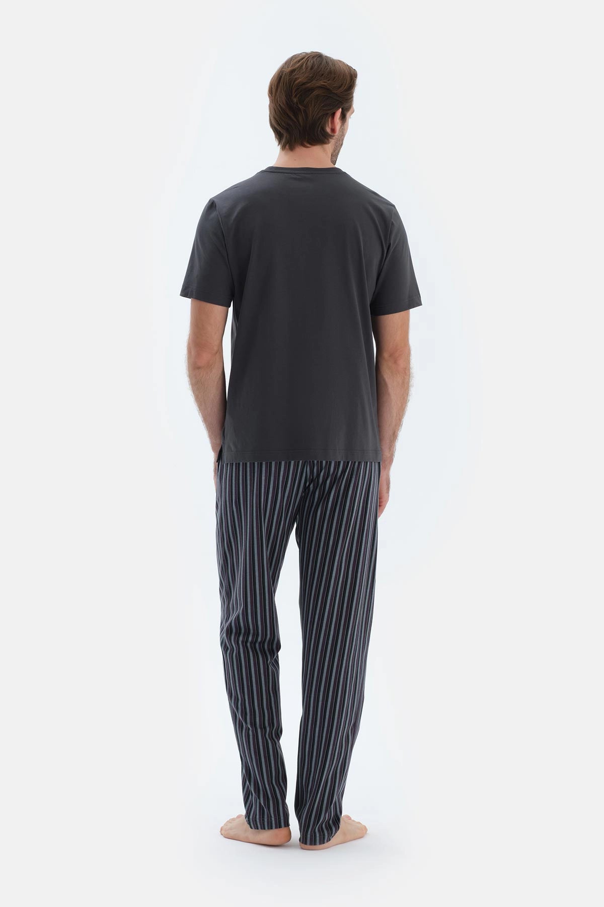 Füme Kısa Kollu Bisiklet Yaka Altı Çizgi Metraj Baskılı Pijama Takımı