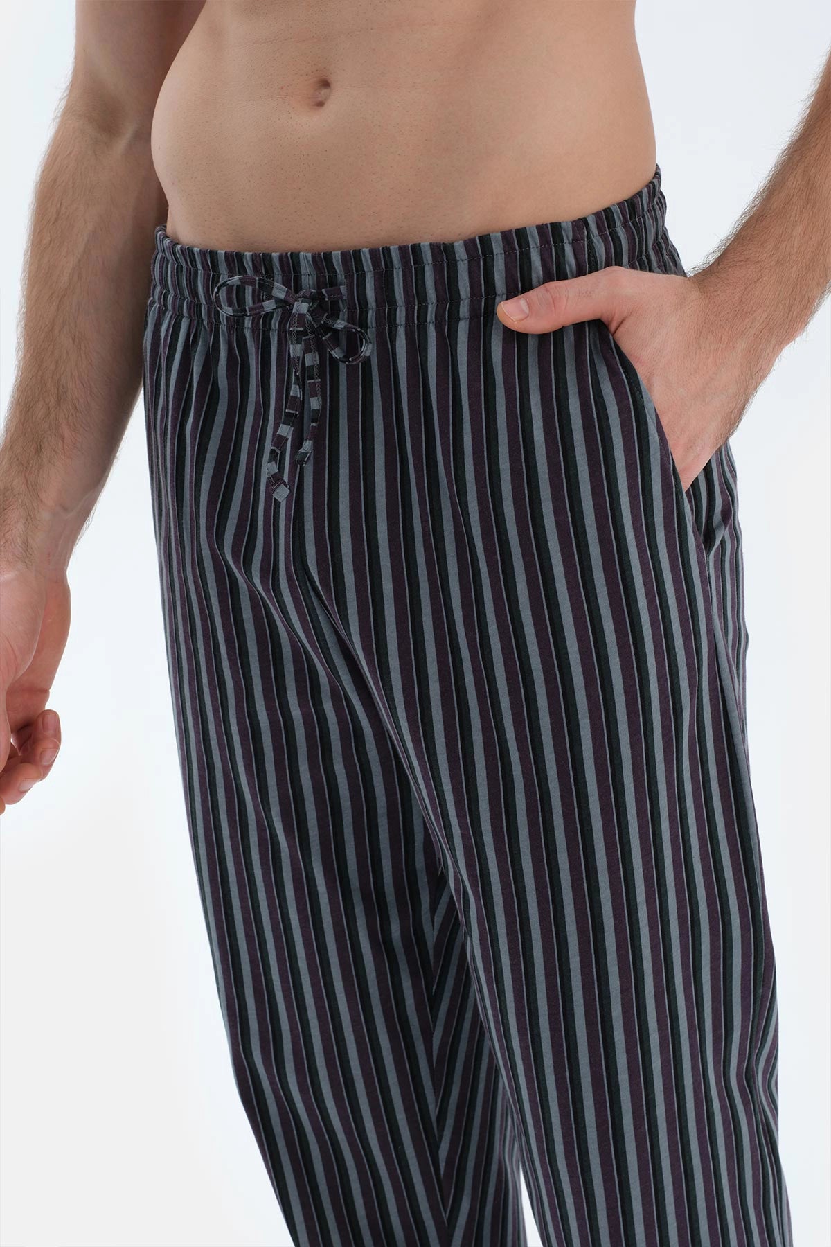 Füme Kısa Kollu Bisiklet Yaka Altı Çizgi Metraj Baskılı Pijama Takımı