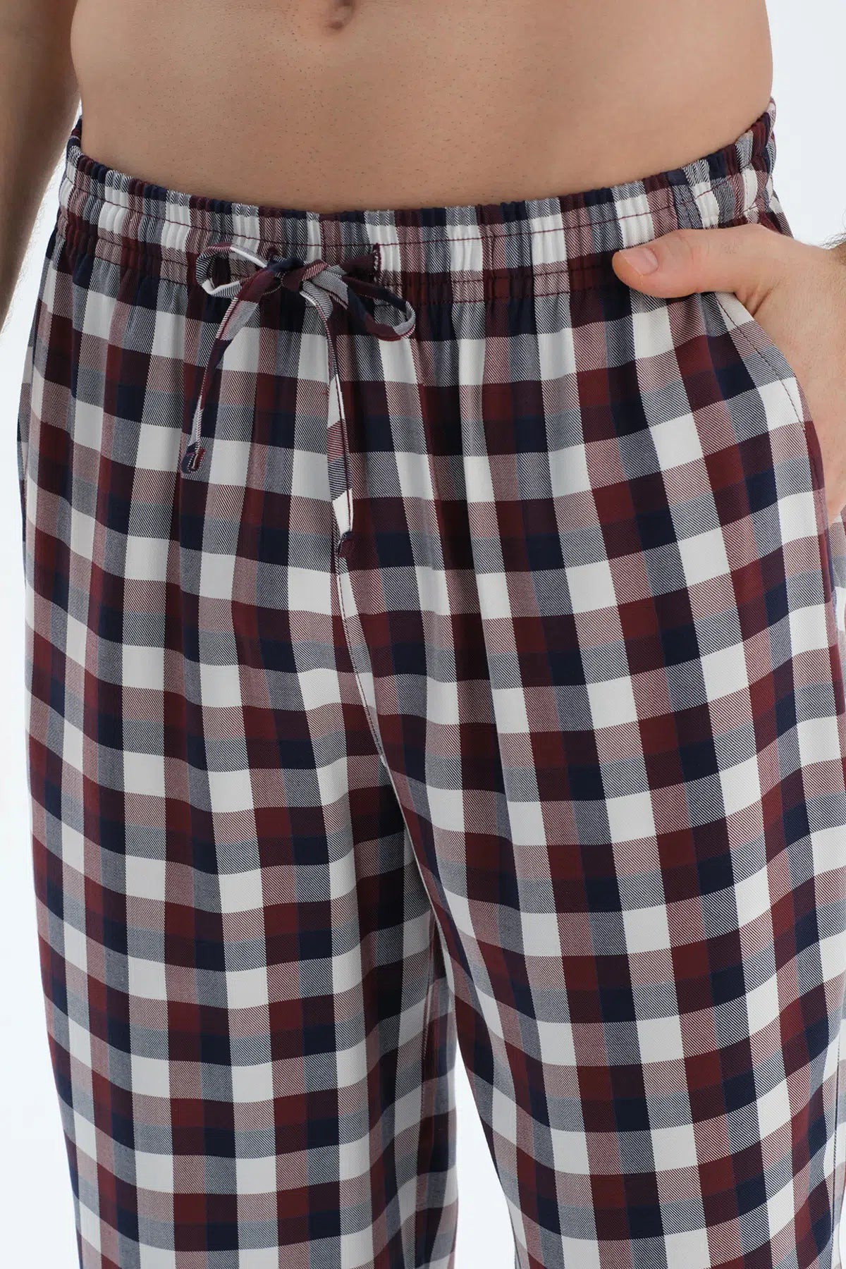 Bordo Kısa Kollu Tişört Ekoseli Pantolon Pijama Takımı