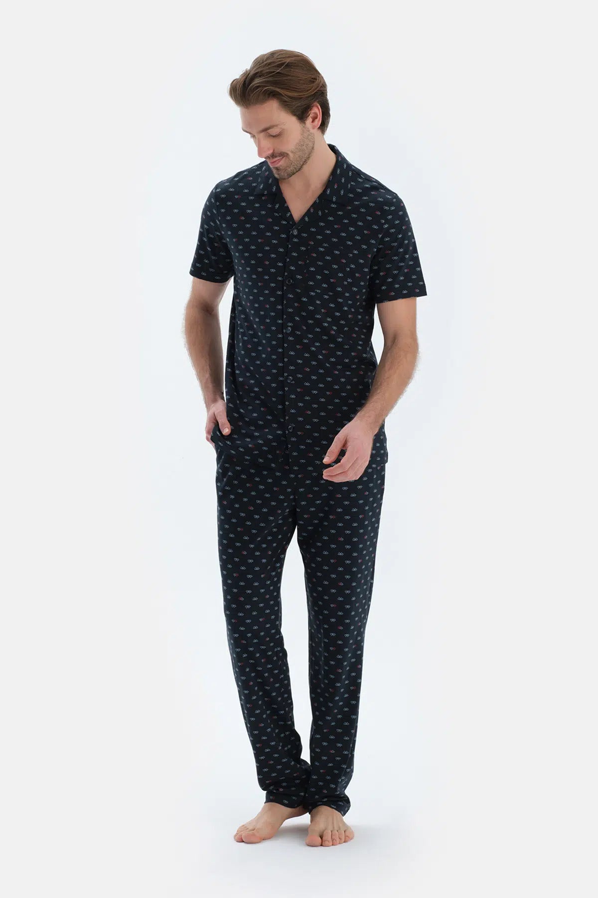 Lacivert Mıkroprınt Baskılı Penye Modal Gömlek Pantolon Pijama Takımı