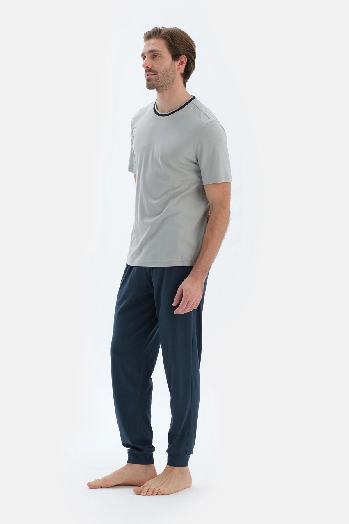 Gri Bisiklet Yaka Kısa Kollu Tişört Jogger Paça Pantolon Basıc Pijama Takımı