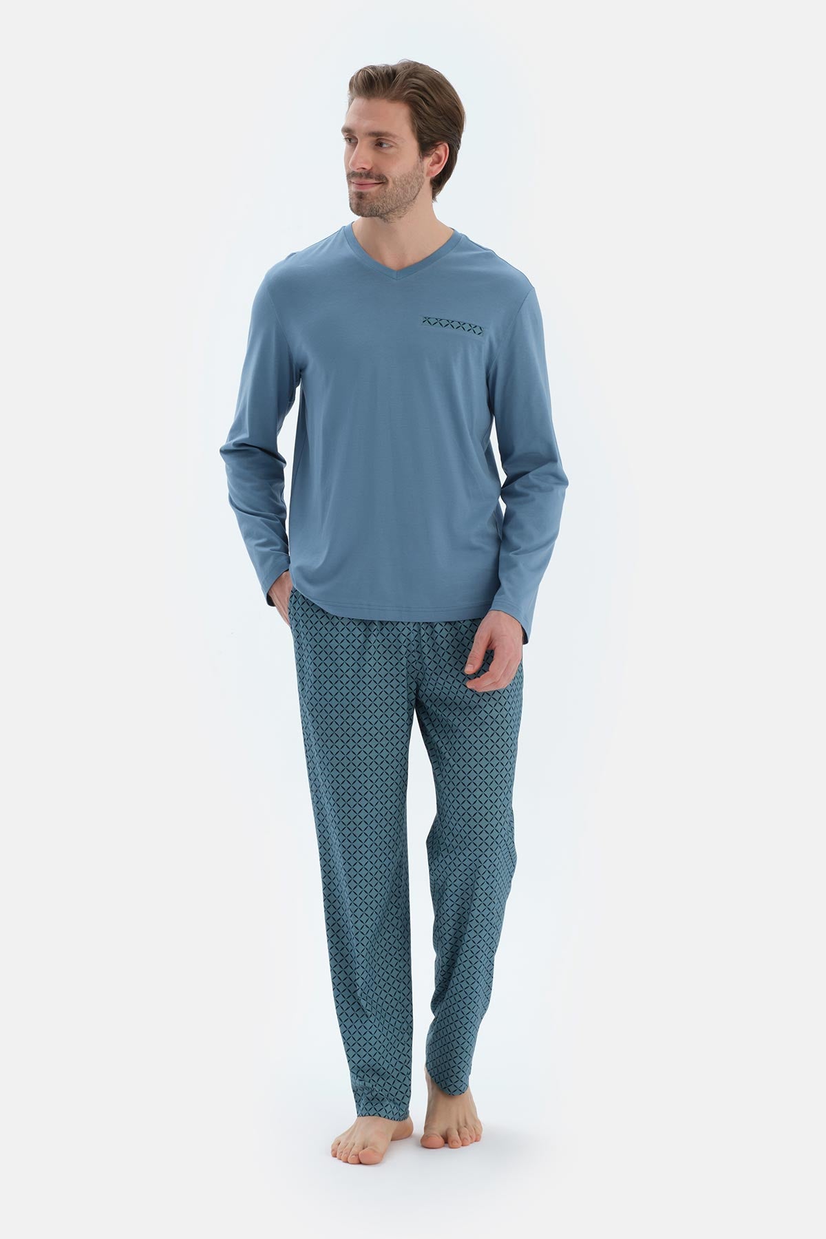 Mavi V Yaka Uzun Kollu Basıc Tişört Pantolon Pijama Takımı