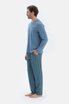 Mavi V Yaka Uzun Kollu Basıc Tişört Pantolon Pijama Takımı