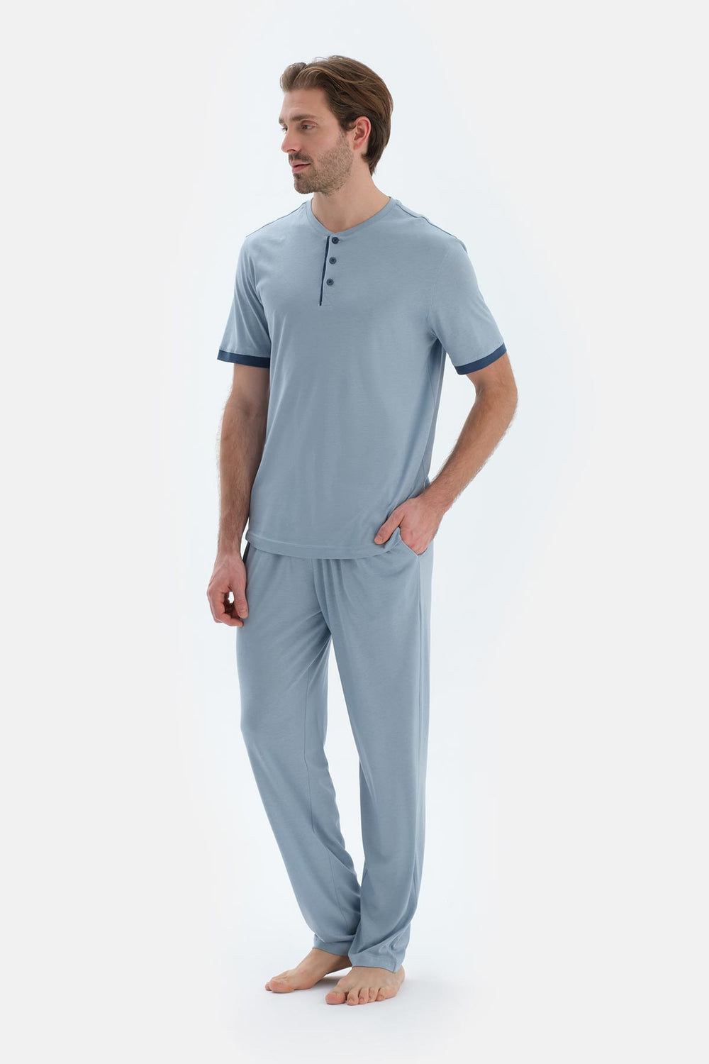 Açık Mavi Kısa Kollu Patlı Basıc Tişört Pantolon Pijama Takımı