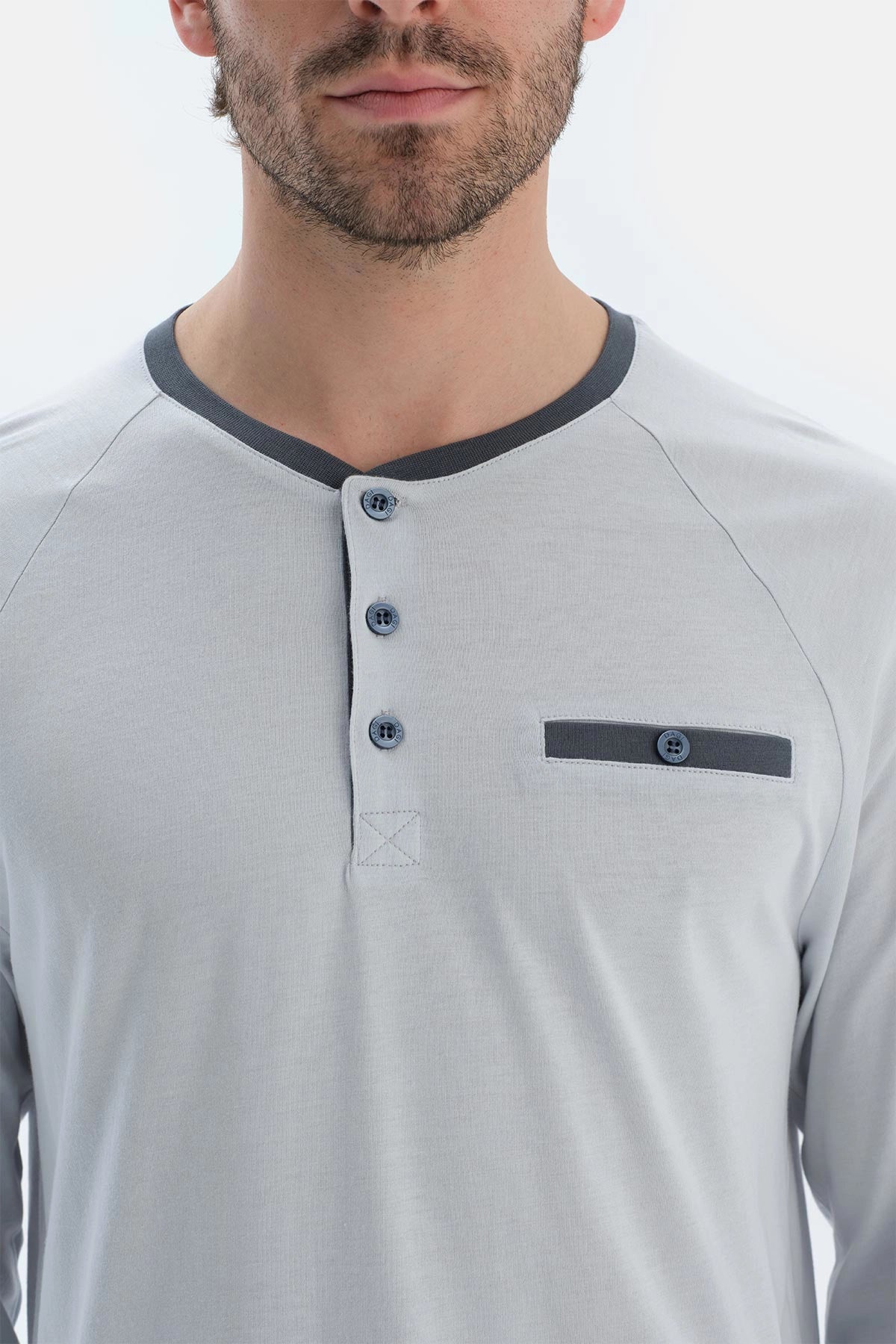 Gri Reglan Uzun Kollu Patlı Basıc Tişört Pantolon Pijama Takımı