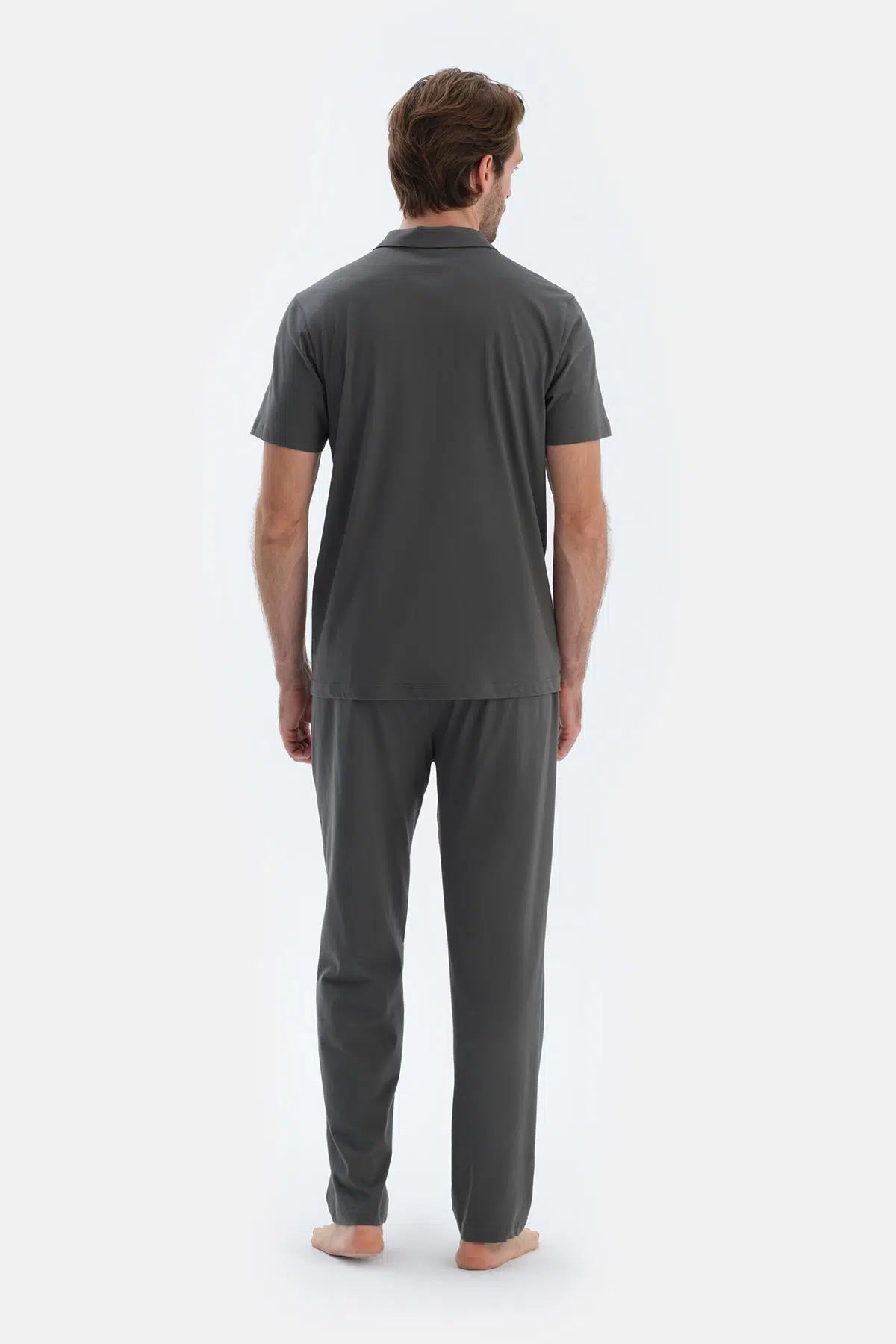 Gri Kısa Kollu Dikiş Detaylı Gömlek Pantolon Pijama Takımı