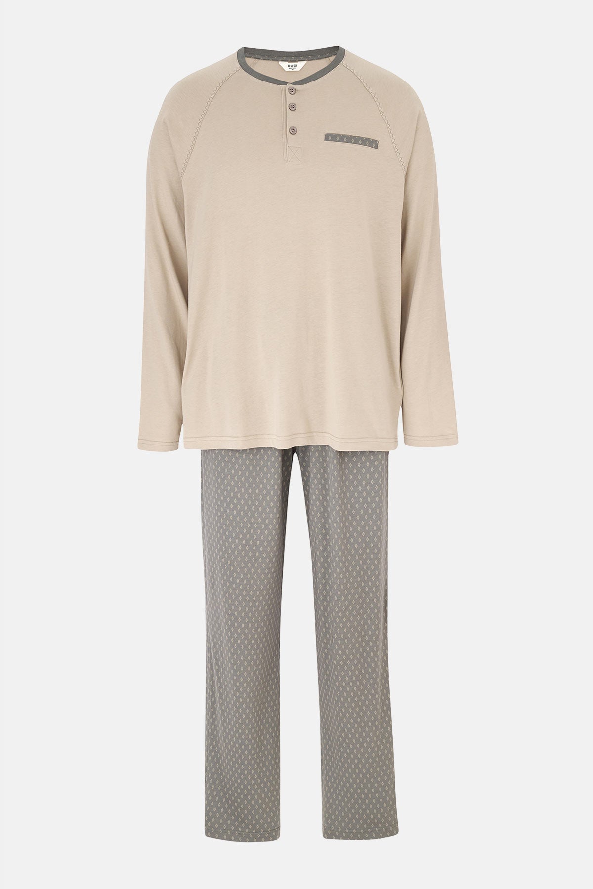 Taş Uzun Kollu Pat Ve Cep Detaylı Tişört Pantolon Pijama Takımı