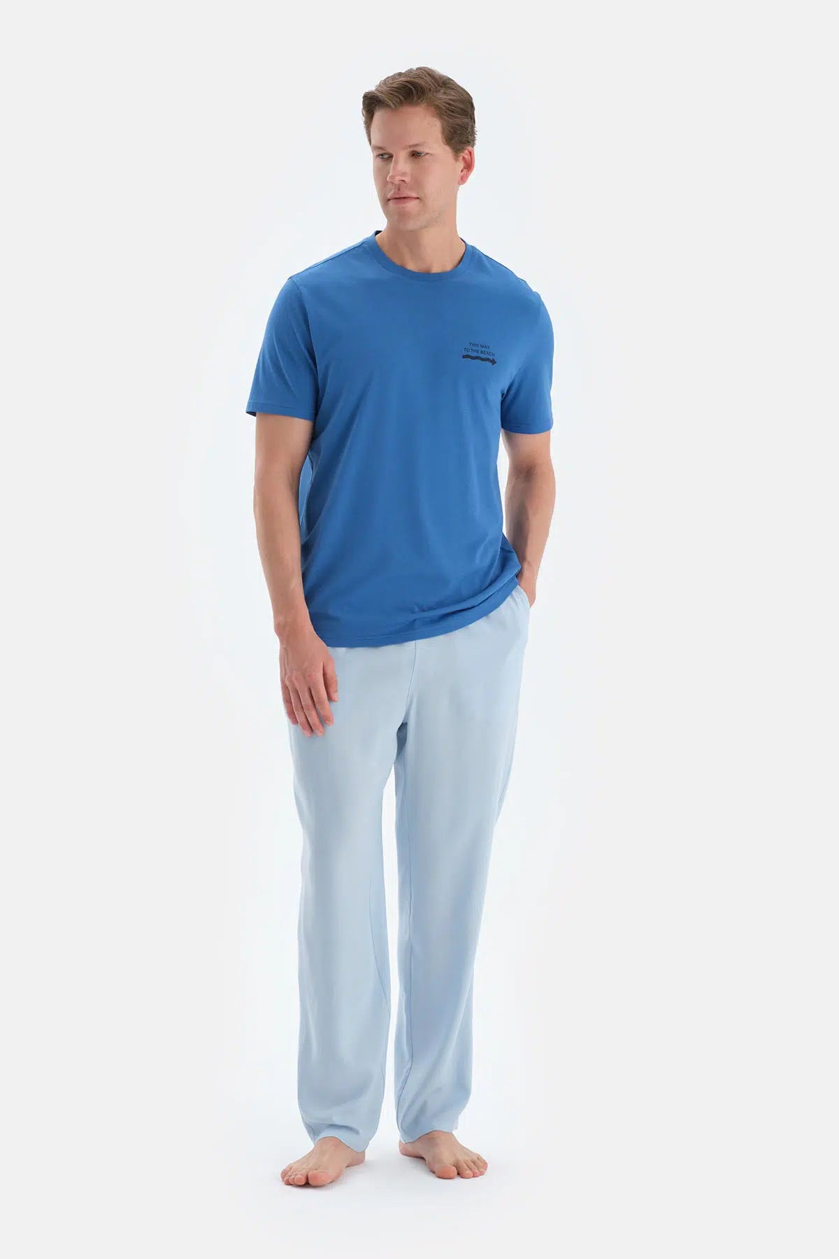 Sax Mavisi Baskı Detaylı Kısa Kollu Tişört Pantolon Pijama Takımı