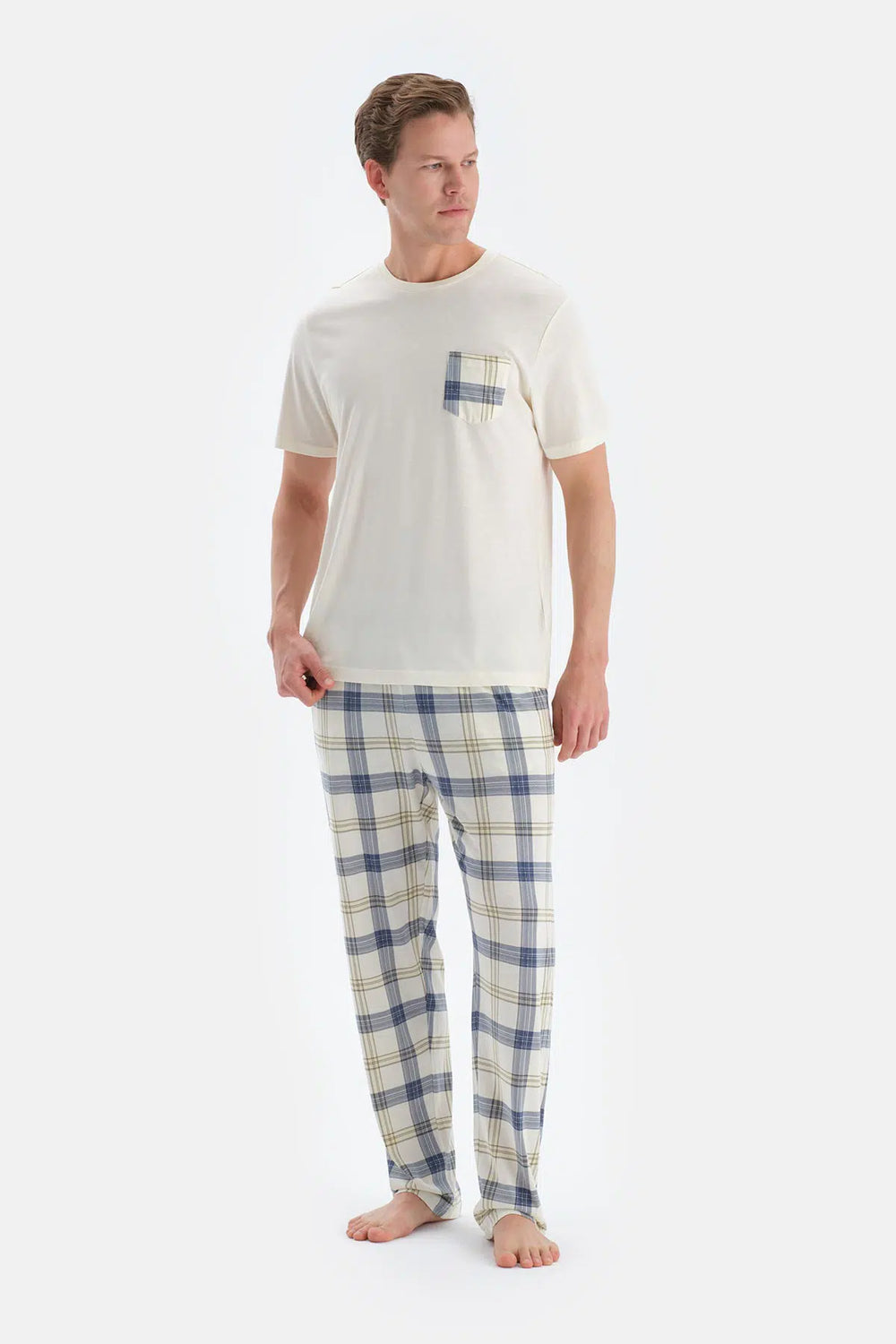 Açık Sarı Cep Detaylı Kısa Kollu Tişört Pantolon Pijama Takımı