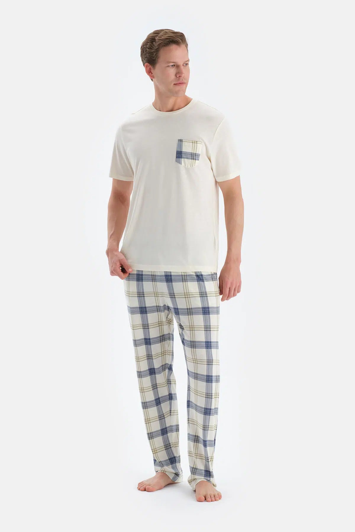 Açık Sarı Cep Detaylı Kısa Kollu Tişört Pantolon Pijama Takımı