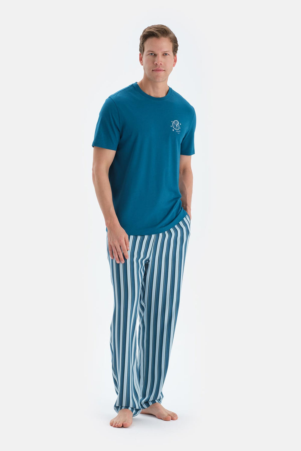 Açık Petrol Baskı Detaylı Kısa Kollu Tişört Pantolon Pijama Takımı