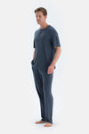 Indigo Pat Ve Fleto Cep Detaylı Tişört Pantolon Pijama Takımı
