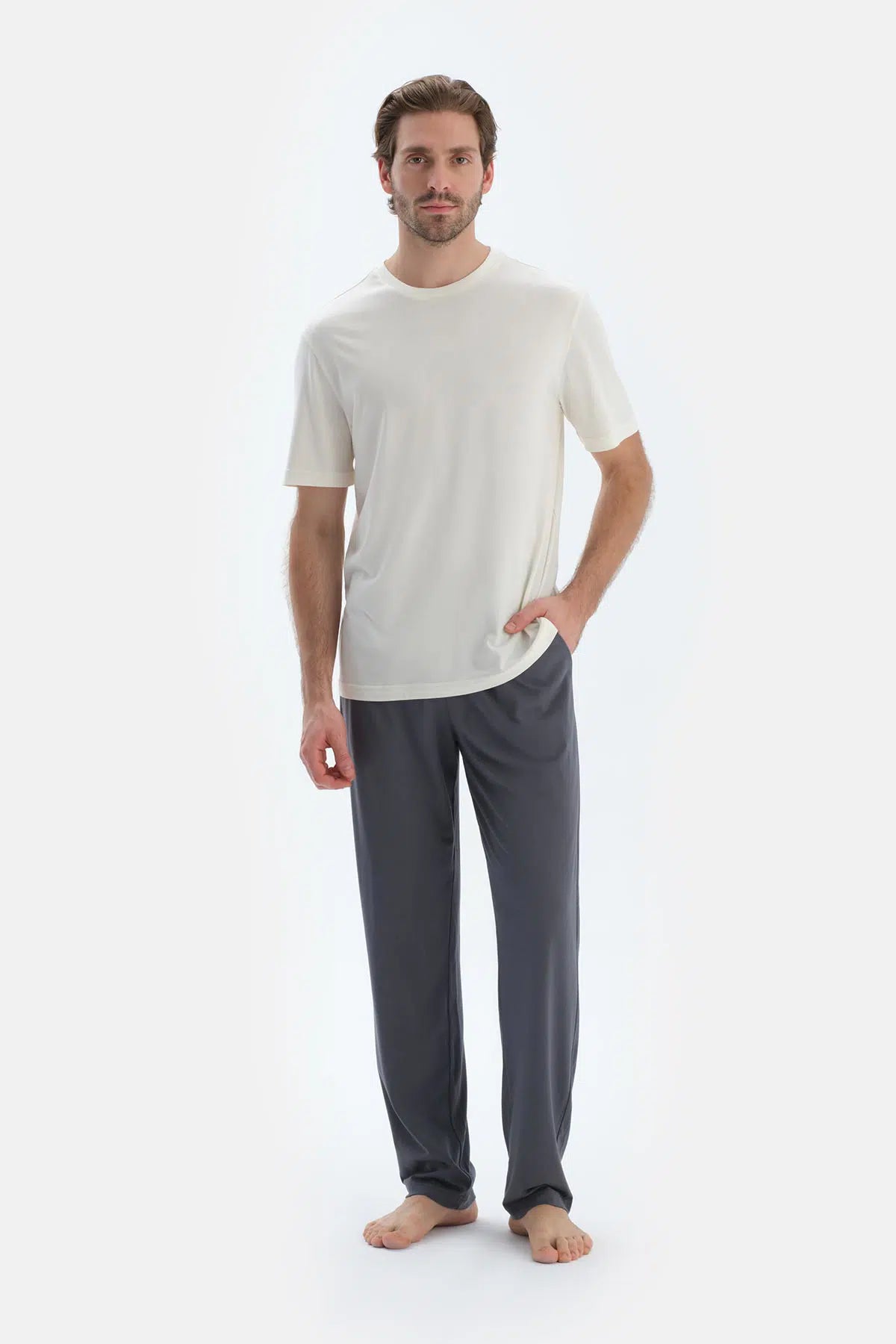 Gri-Siyah Düz Paça Dokuma Etiket Detaylı Penye Modal Ikili Pantolon