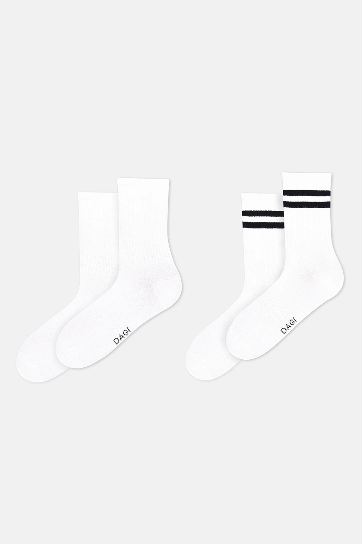 Beyaz Erkek Çizgi Desenli Spor Çorap 2'li