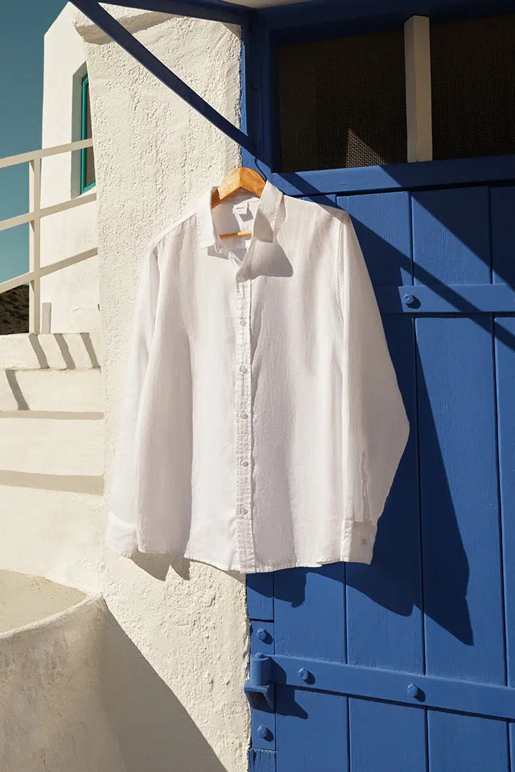 Beyaz Uzun Kollu Keten Lyocell Karşımlı Gömlek