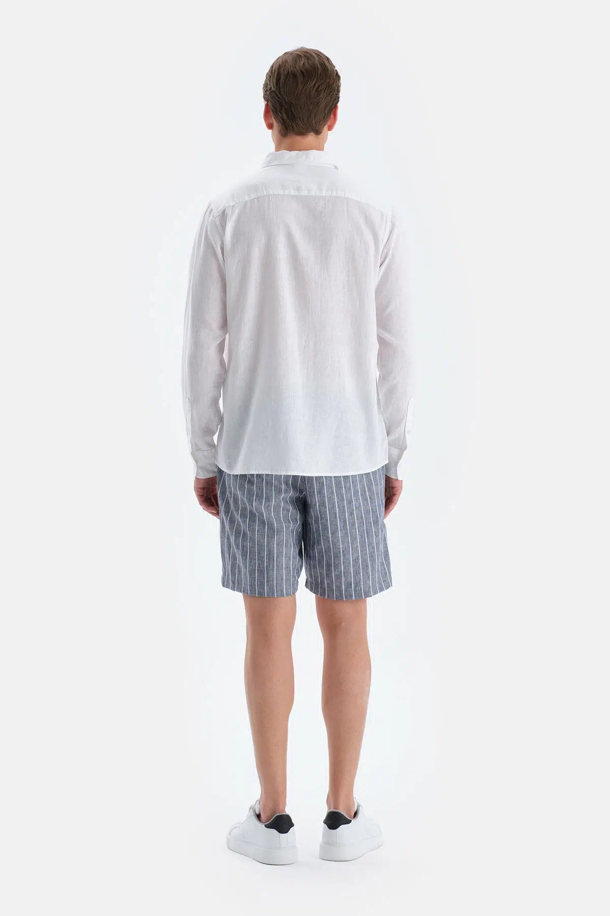 Beyaz Uzun Kollu Keten Lyocell Karşımlı Gömlek