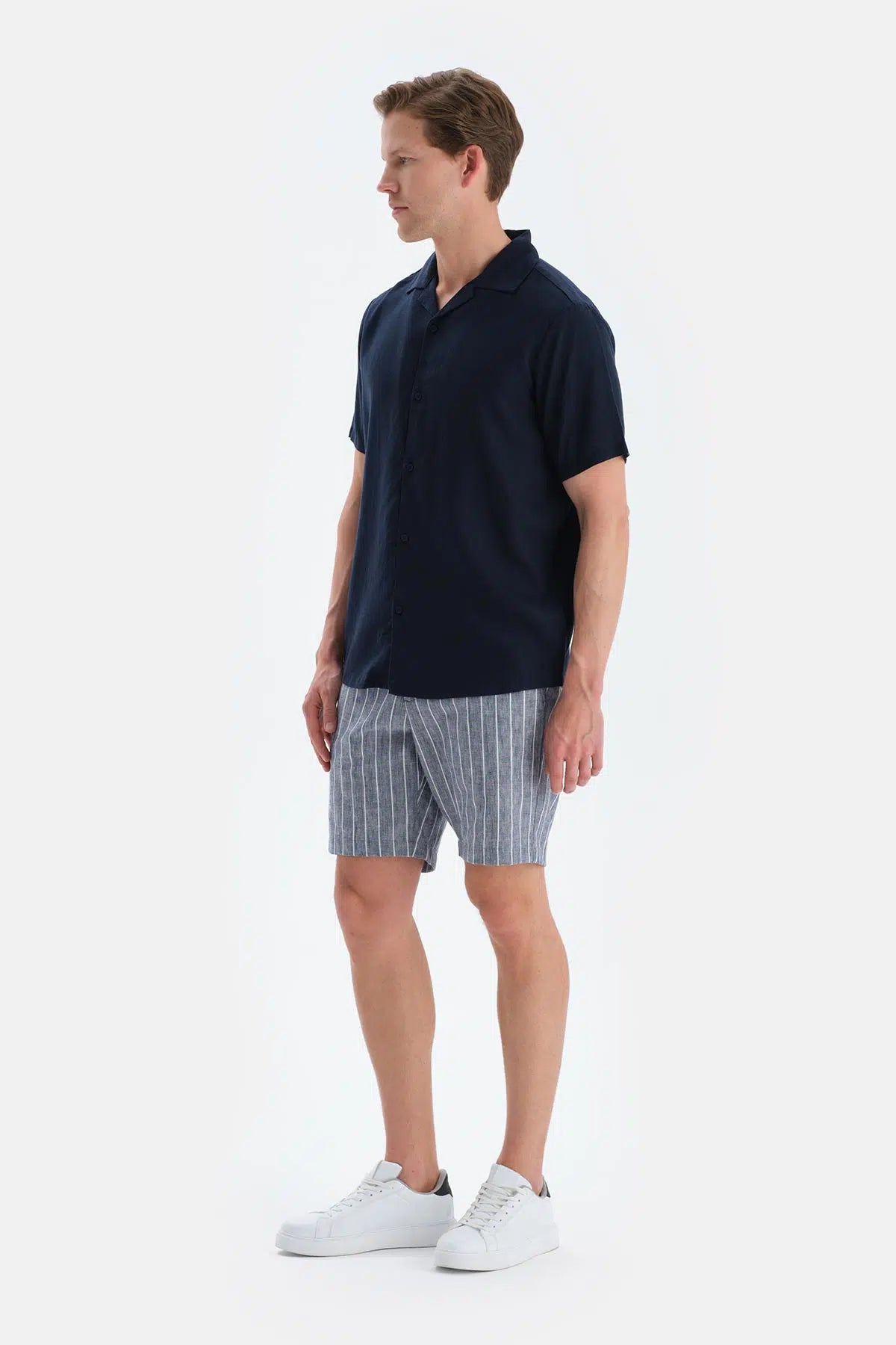 Lacivert Kısa Kollu Keten Lyocell Karışımlı Gömlek