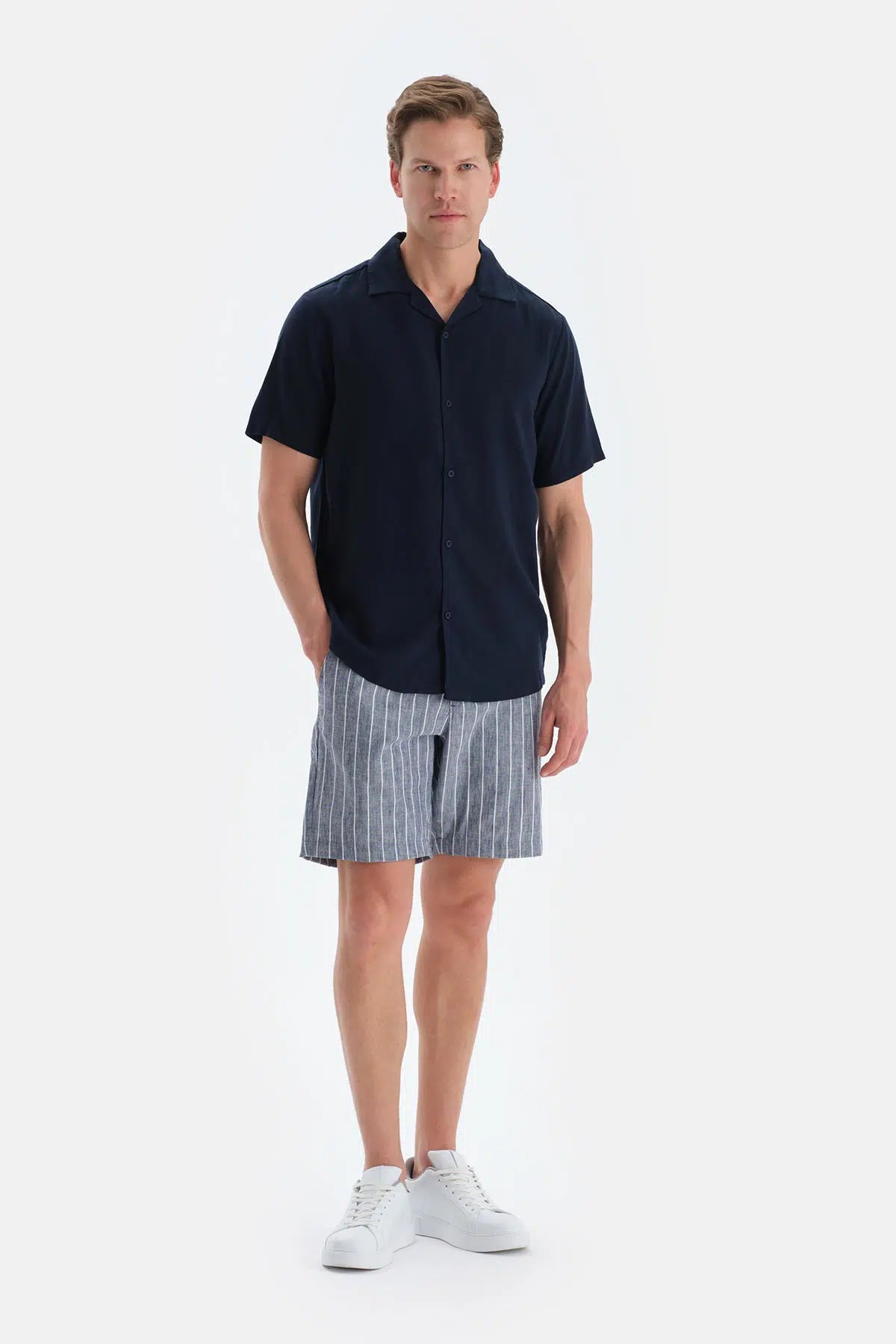 Lacivert Kısa Kollu Keten Lyocell Karışımlı Gömlek