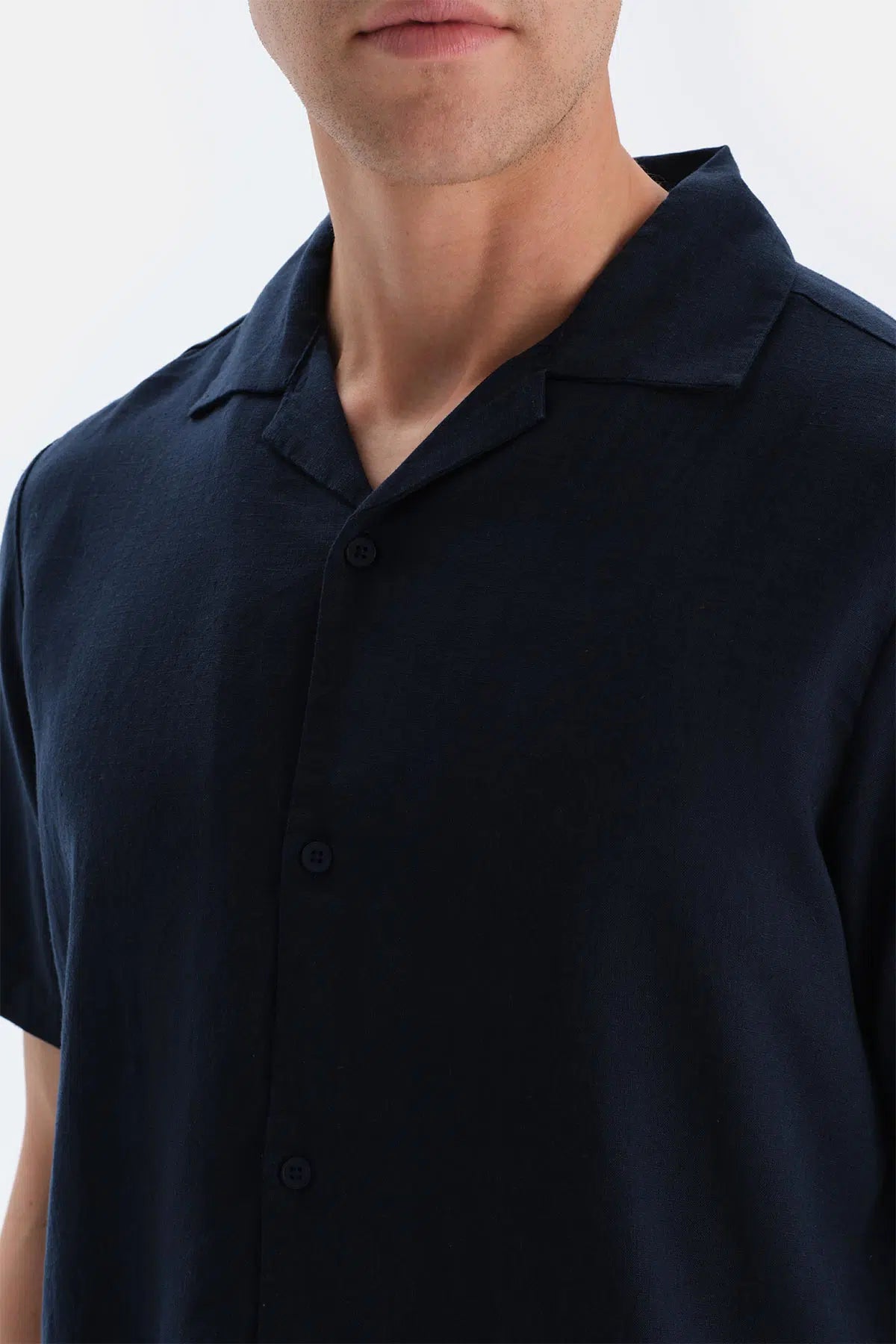 Lacivert Kısa Kollu Keten Lyocell Karışımlı Gömlek