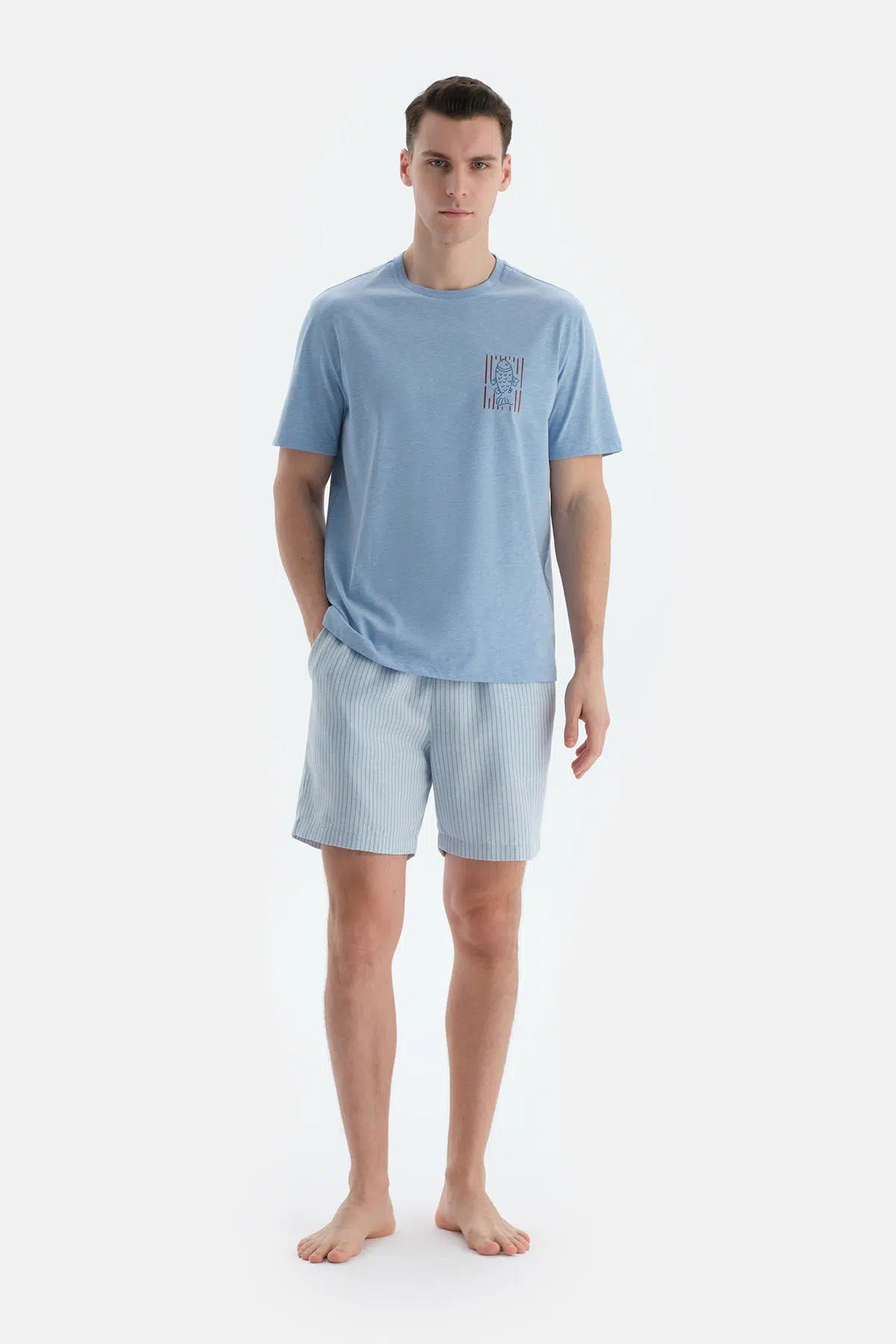 Mavi Melanj Baskı Detaylı Kısa Kollu Tişört Şort Pijama Takımı