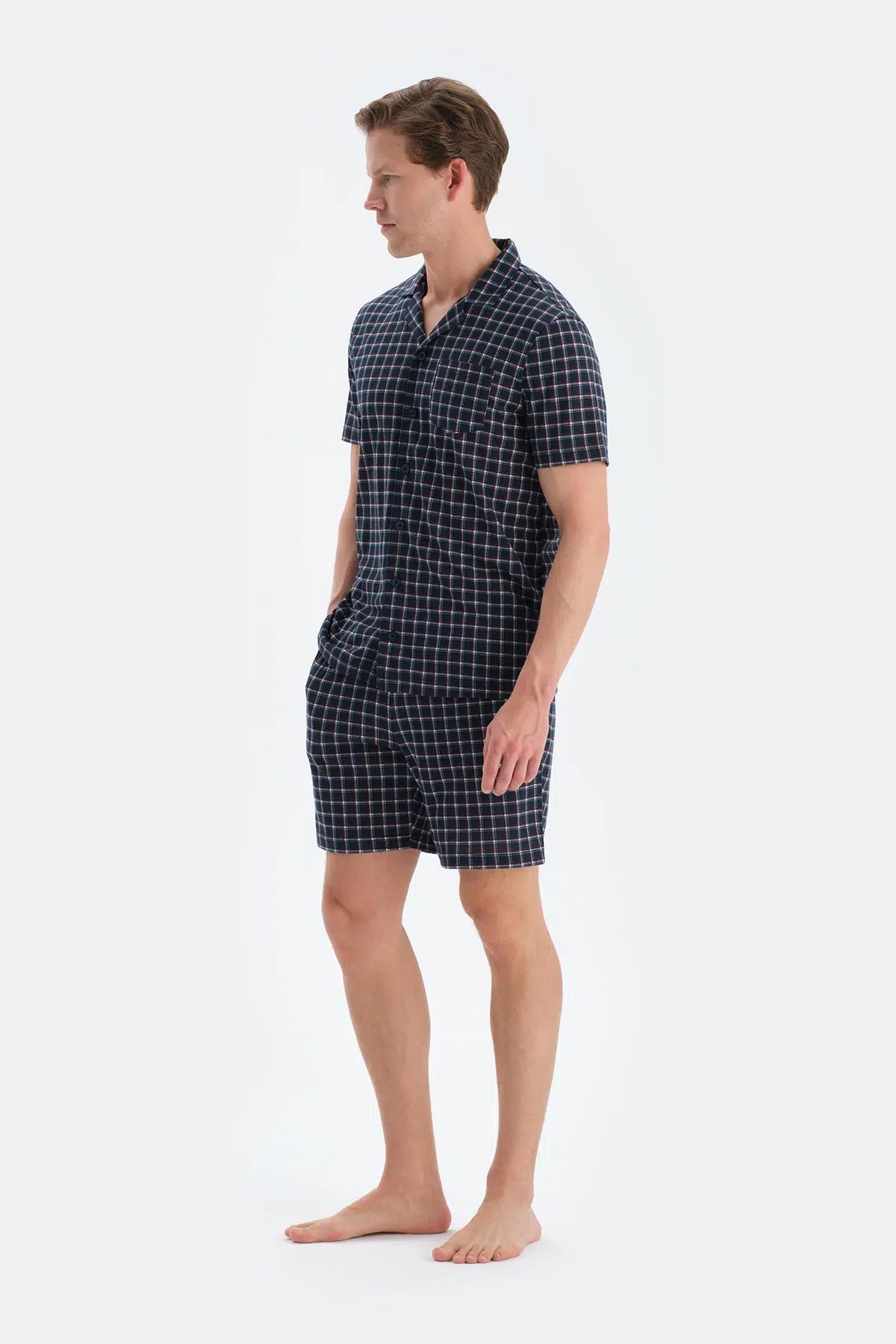 Lacivert Ekoseli Gömlek Şort Pijama Takımı