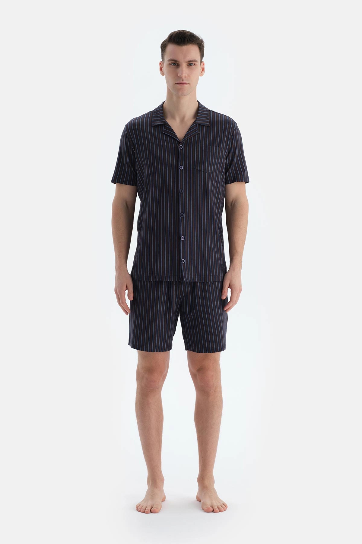 Lacivert Çizgili Gömlek Şort Pijama Takımı