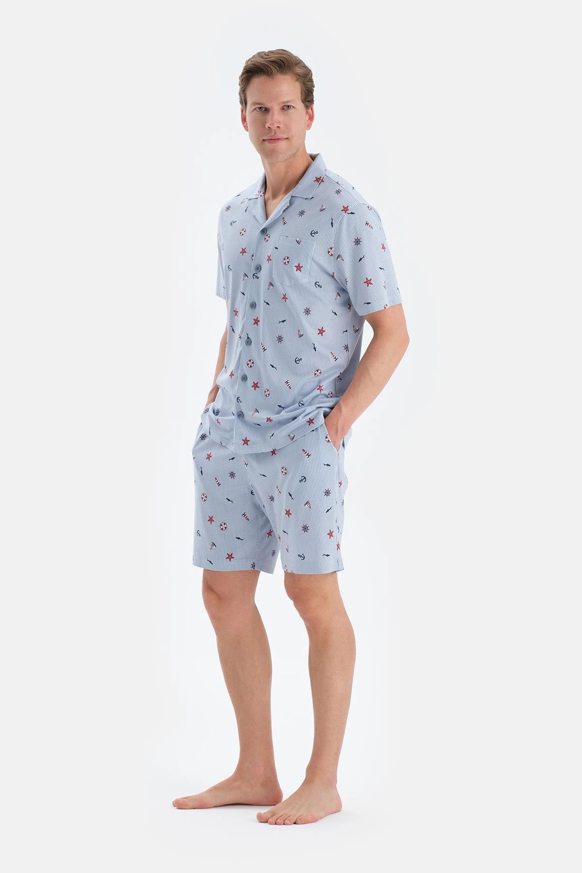 Açık Mavi Metraj Baskılı Gömlek Şort Pijama Takımı