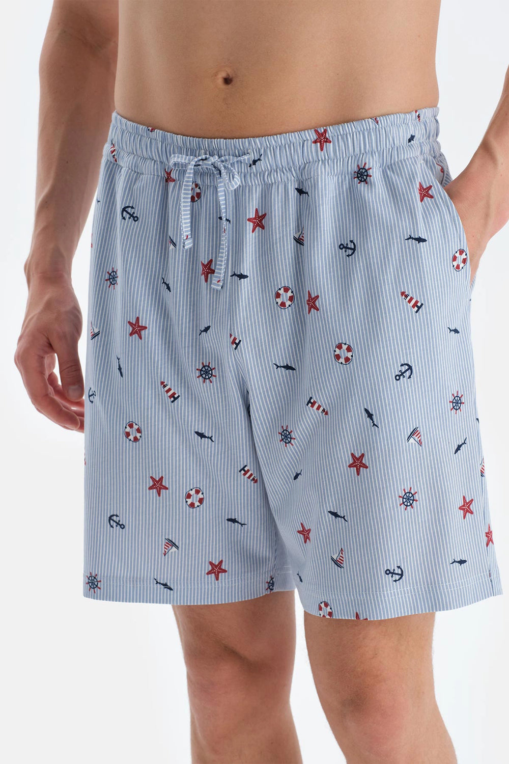 Açık Mavi Metraj Baskılı Gömlek Şort Pijama Takımı