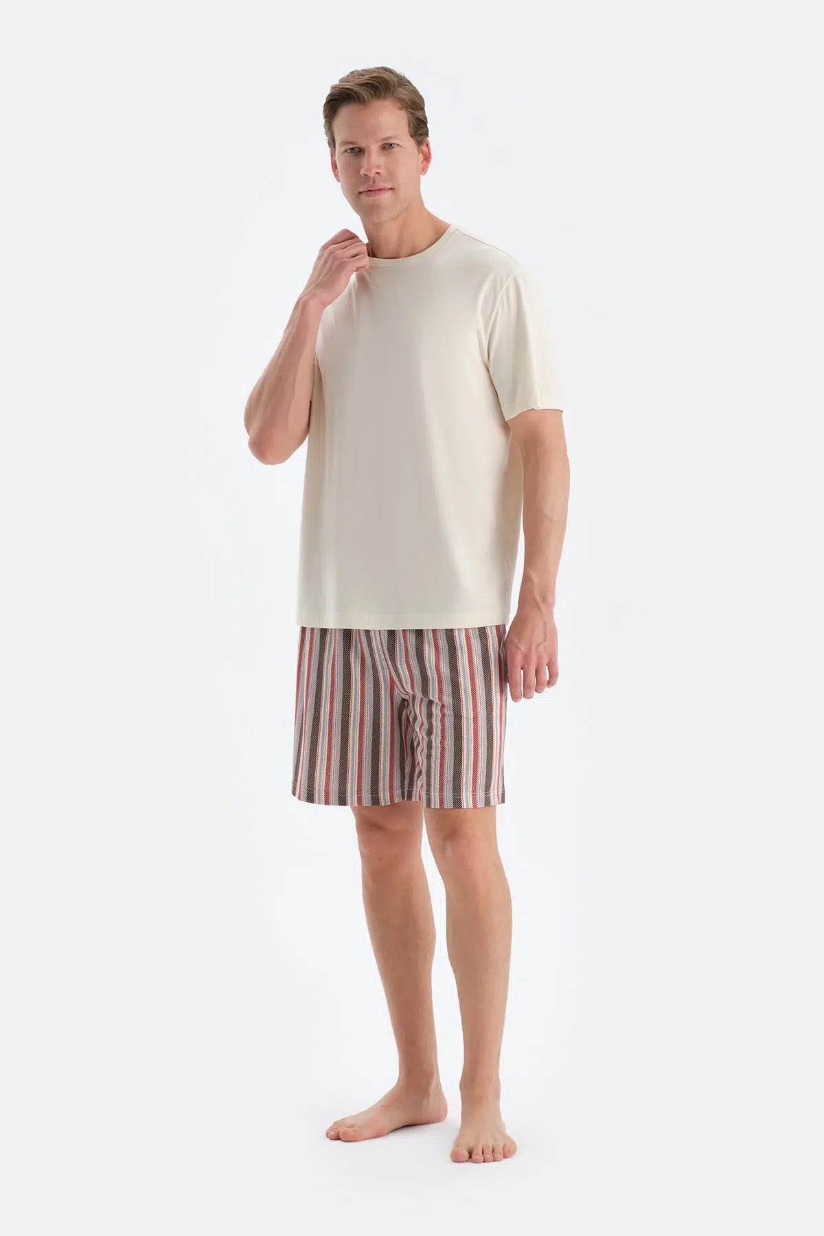 Ekru Kısa Kollu Tişört Şort Pijama Takımı