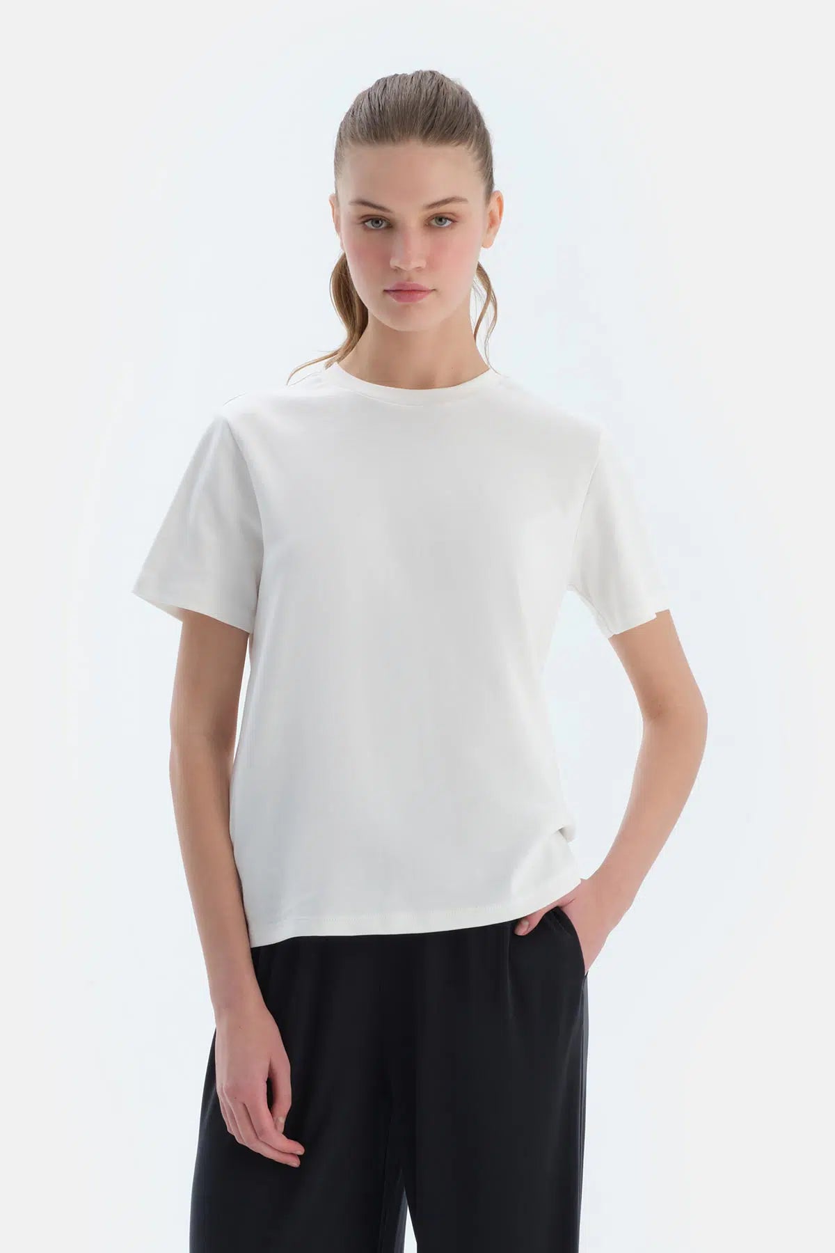 Beyaz Ipek Apre Interlok Bisiklet Yaka Tişört