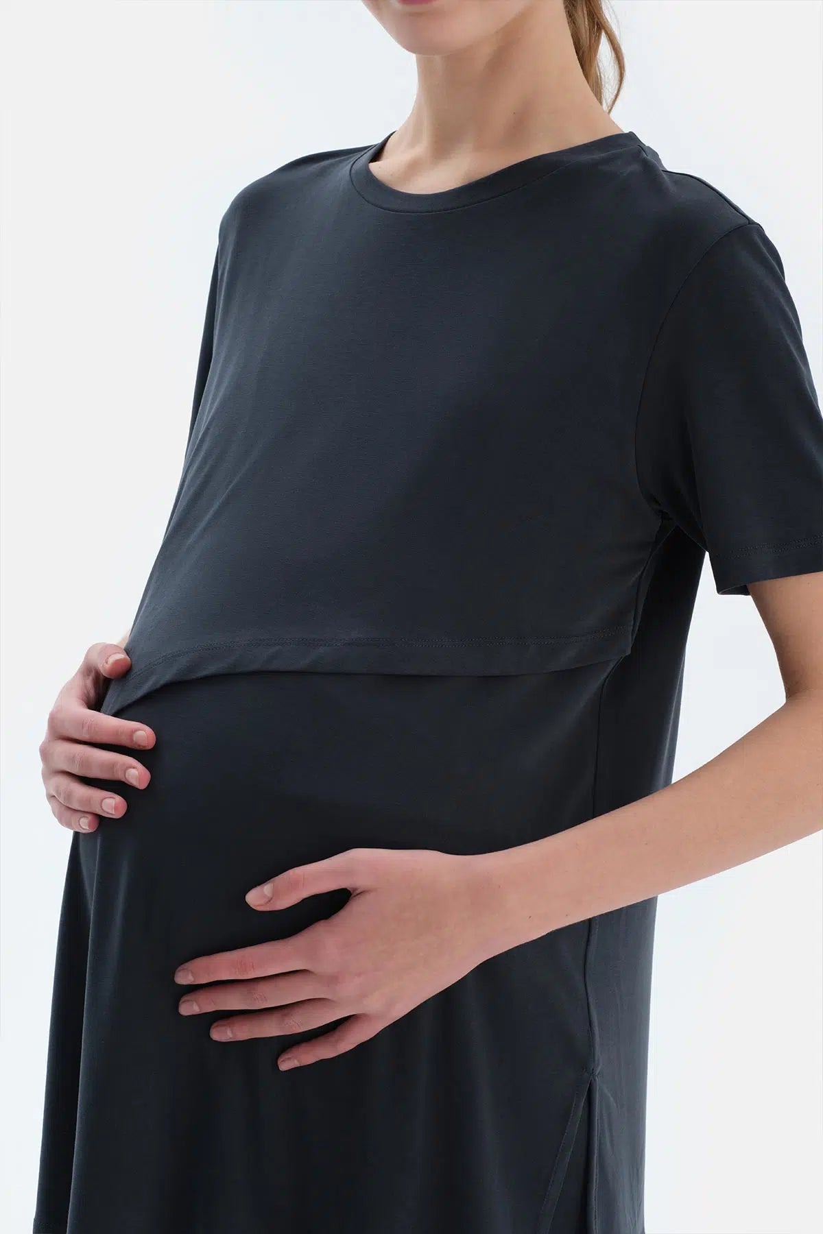 Siyah Kısa Kollu Fonksiyonel Modal Hamile Tişört
