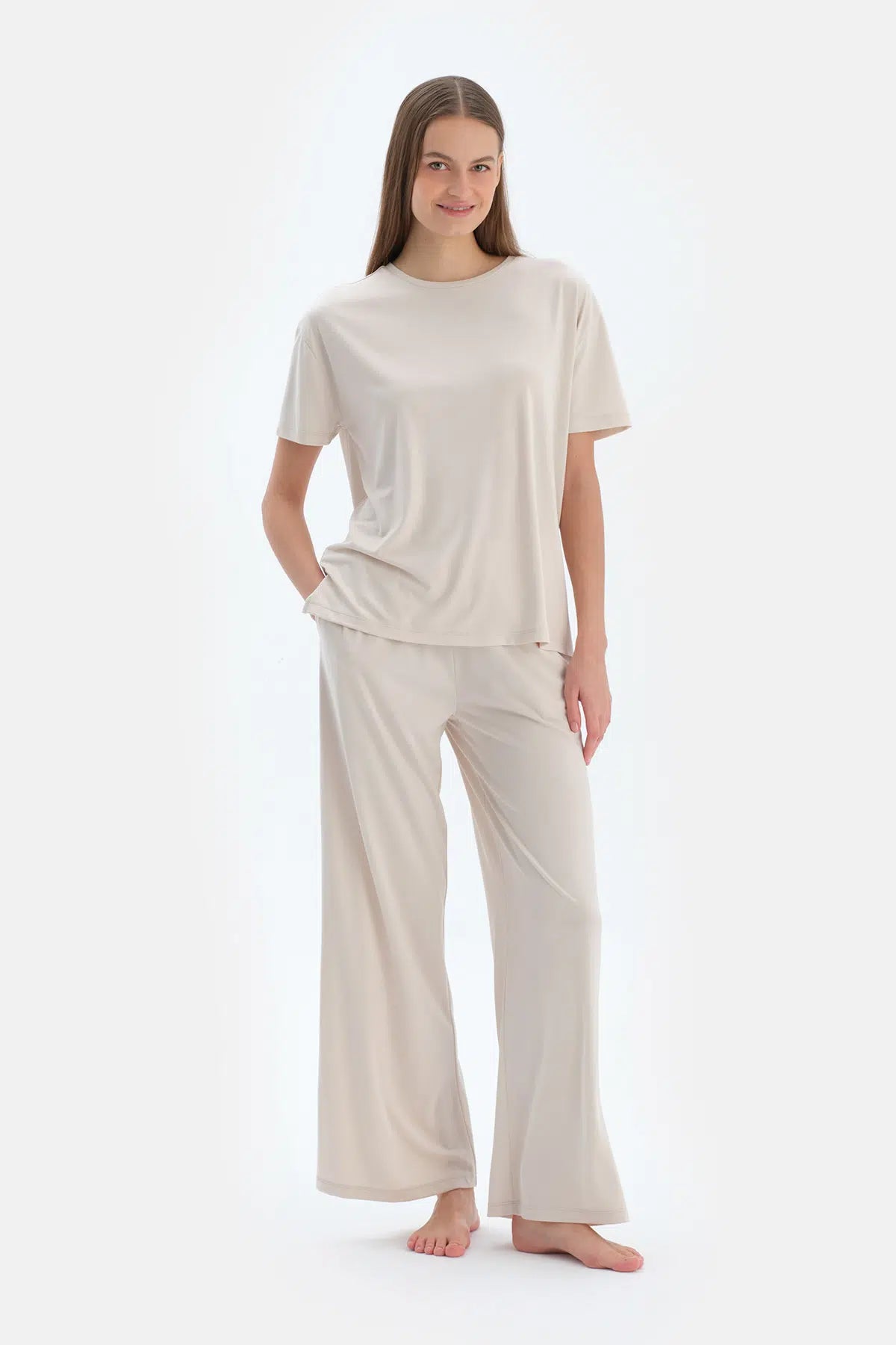 Krem Kısa Kollu Basıc Modal Tişört